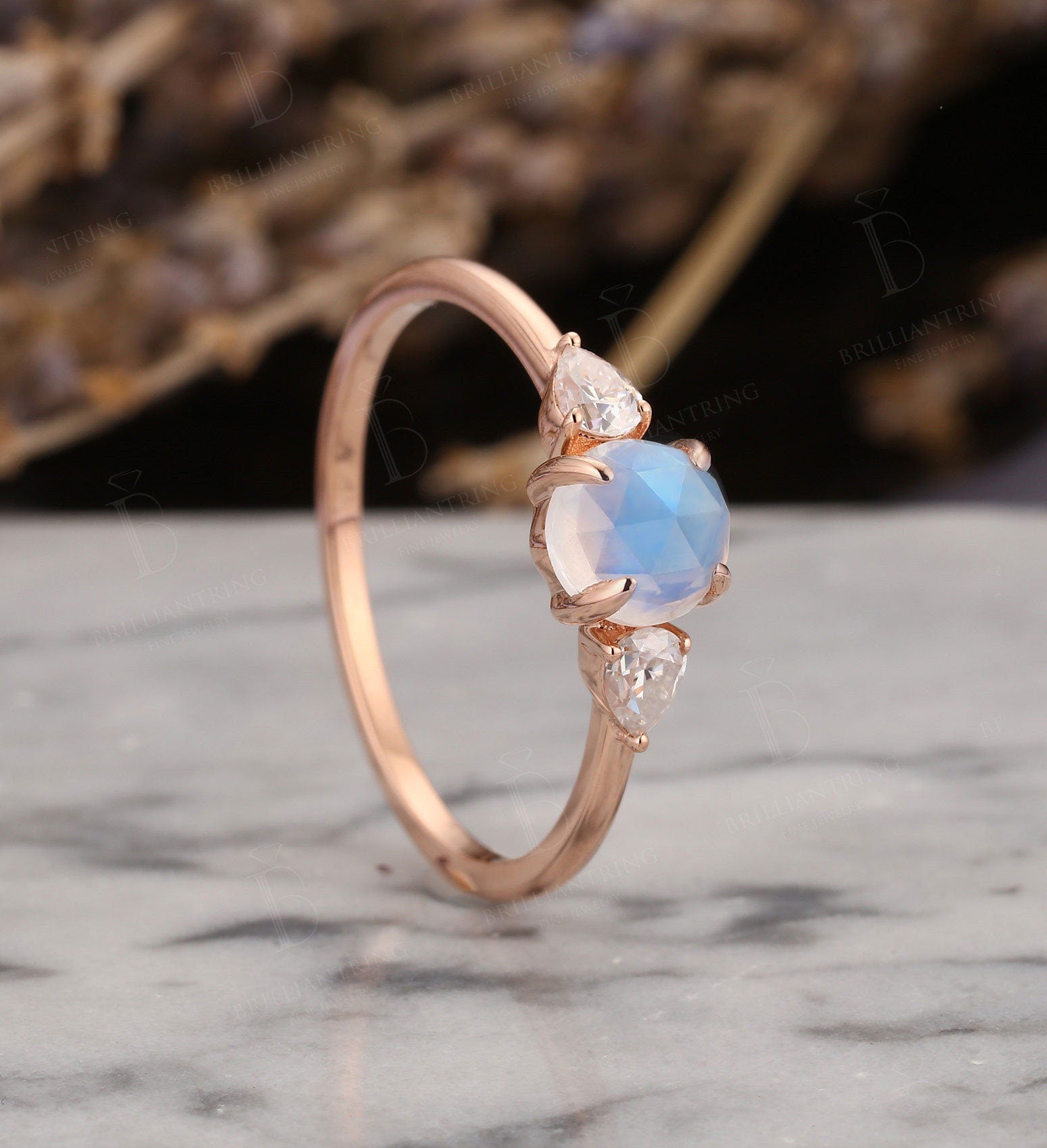 Moonstone rose cut engagement ring pear shaped moissanite unique rose gold vintage ring antique Jewelry art doco anniversary wedding ring