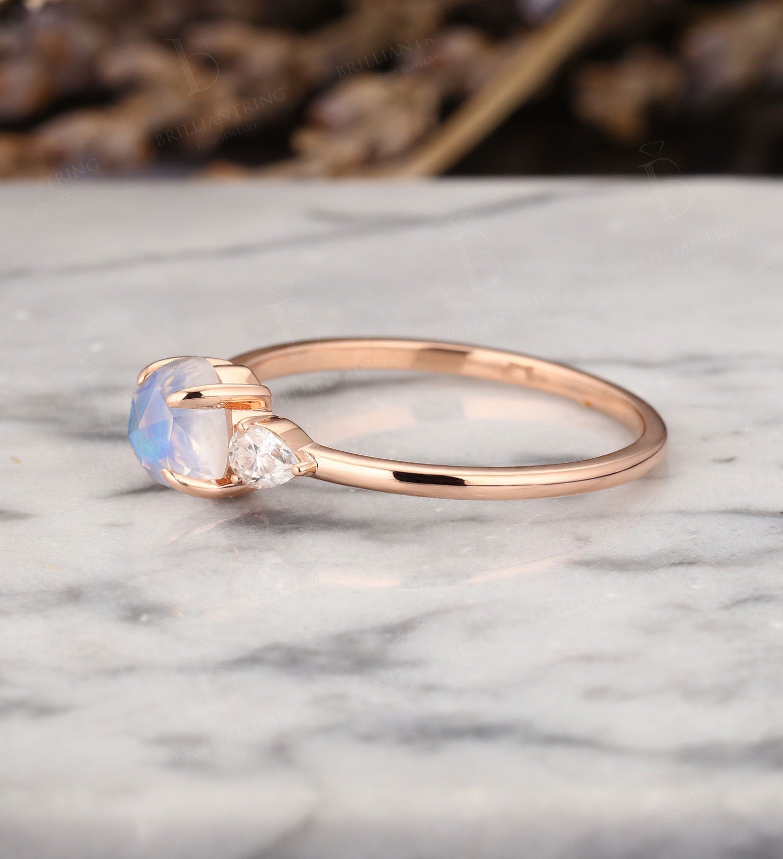 Moonstone rose cut engagement ring pear shaped moissanite unique rose gold vintage ring antique Jewelry art doco anniversary wedding ring