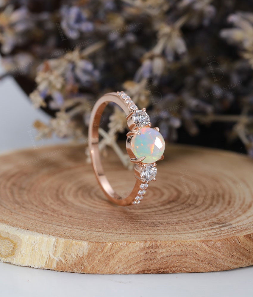 Faceted Opal engagement ring vintage Rose gold prong set Antique moissanite Half eternity art deco  Promise Anniversary wedding ring