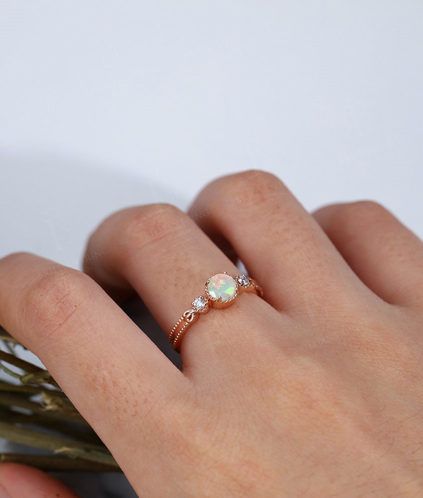 Faceted Opal engagement ring vintage Rose gold Antique Delicate Halo diamond milgrain Wedding  Promise Anniversary wedding ring