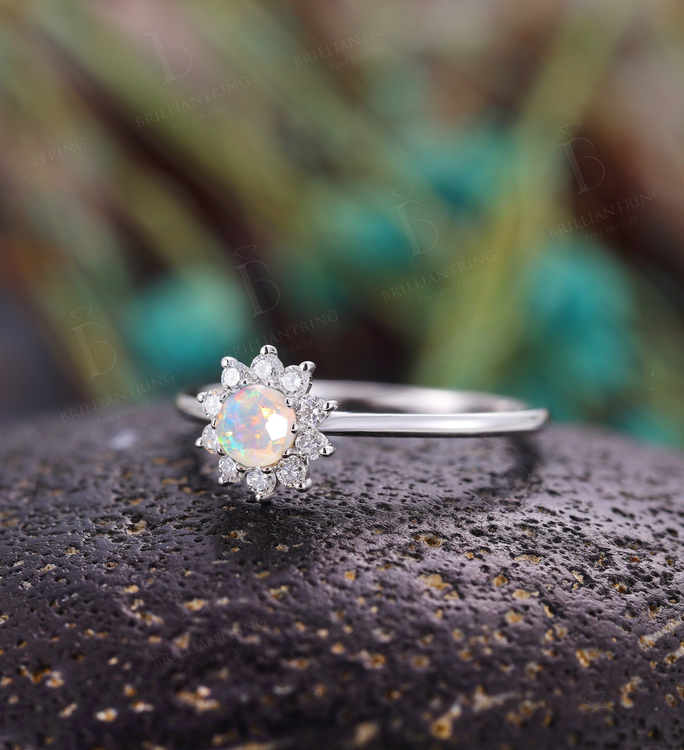 Faceted Opal engagement ring  halo diamond vintage white gold solid prong set dainty Art deco Jewelry promise anniversary wedding ring