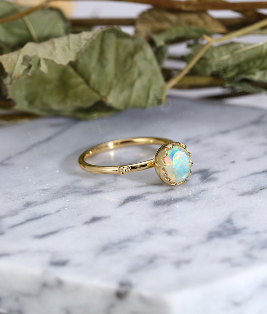 Faceted Opal engagement ring vintage antique  oval shaped 14k gold art deco unique birthstone Delicate wedding promise wedding ring