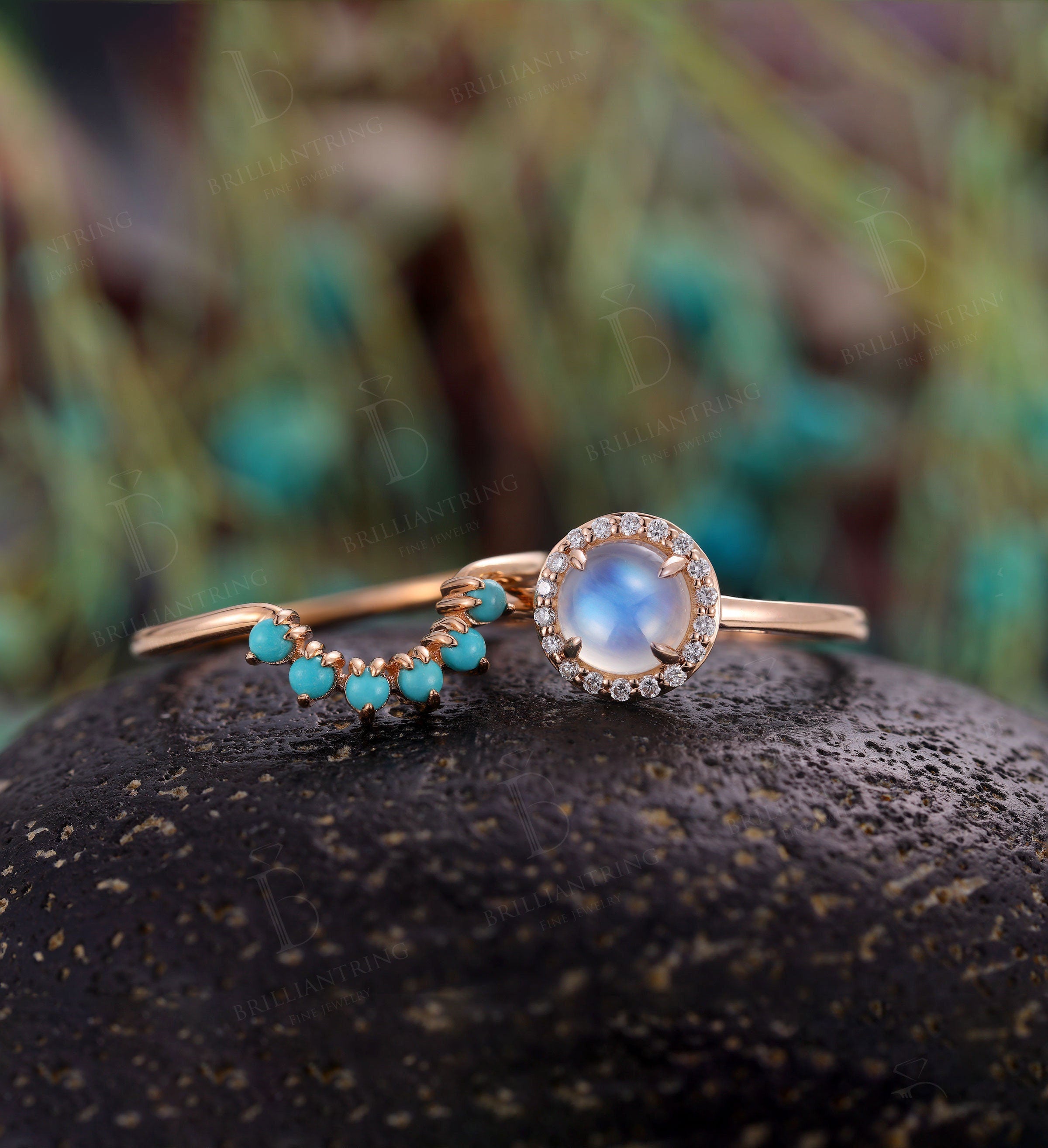 Moonstone engagement ring set  prong set rose gold vintage diamond halo turquoise Wedding Jewelry birthstone Anniversary wedding ring