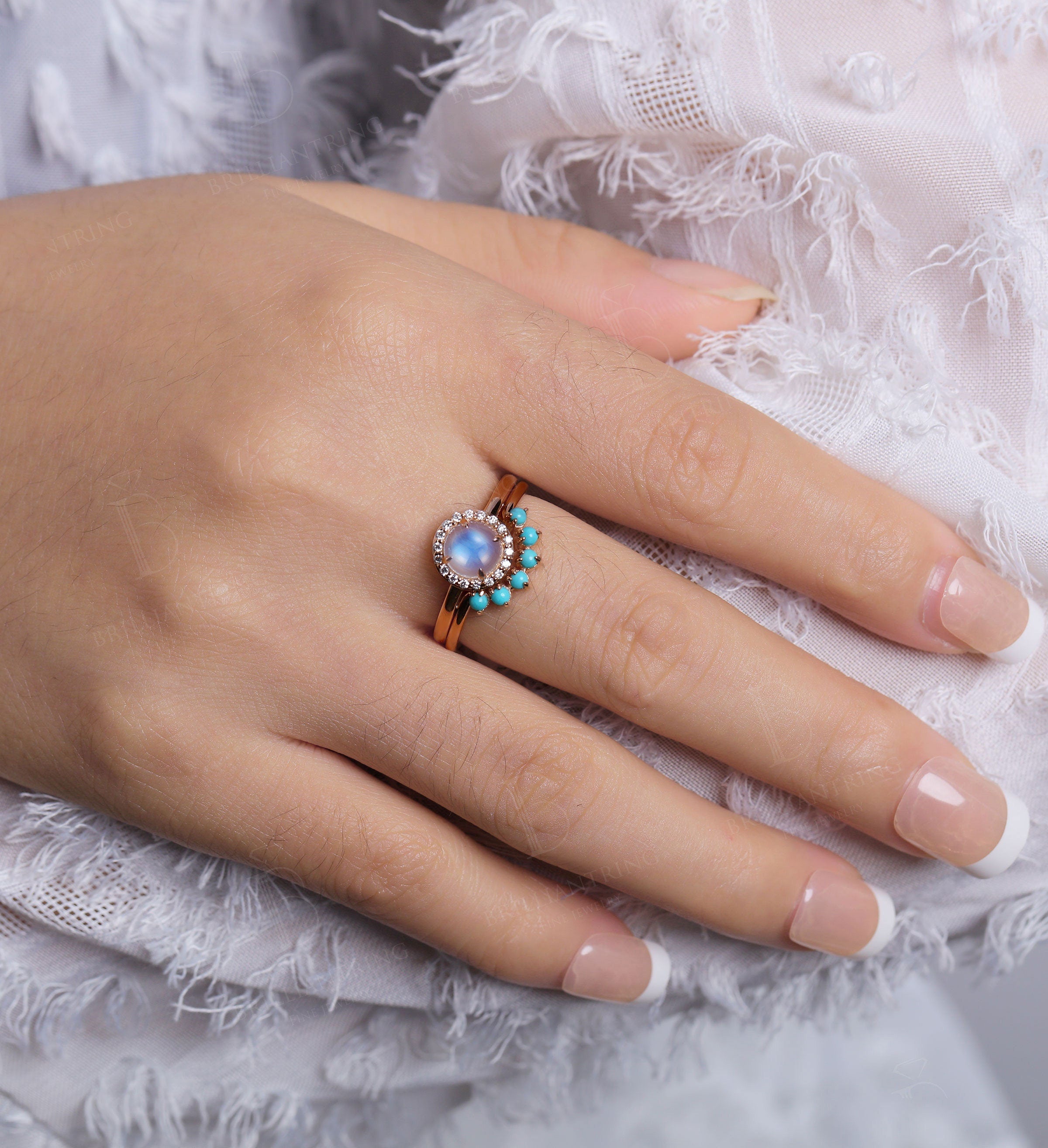 Moonstone engagement ring set  prong set rose gold vintage diamond halo turquoise Wedding Jewelry birthstone Anniversary wedding ring