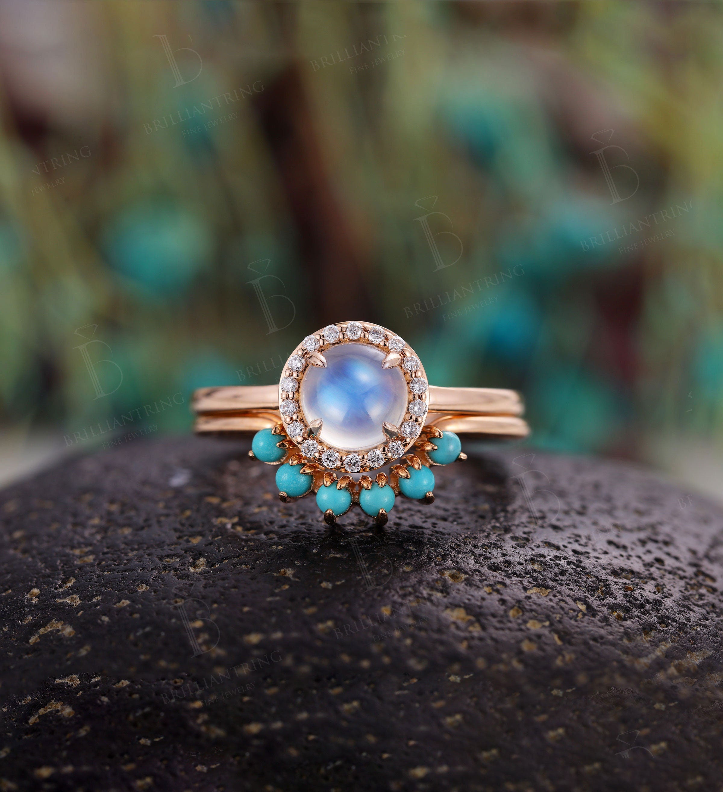 Moonstone engagement ring set  prong set rose gold vintage diamond halo turquoise Wedding Jewelry birthstone Anniversary wedding ring