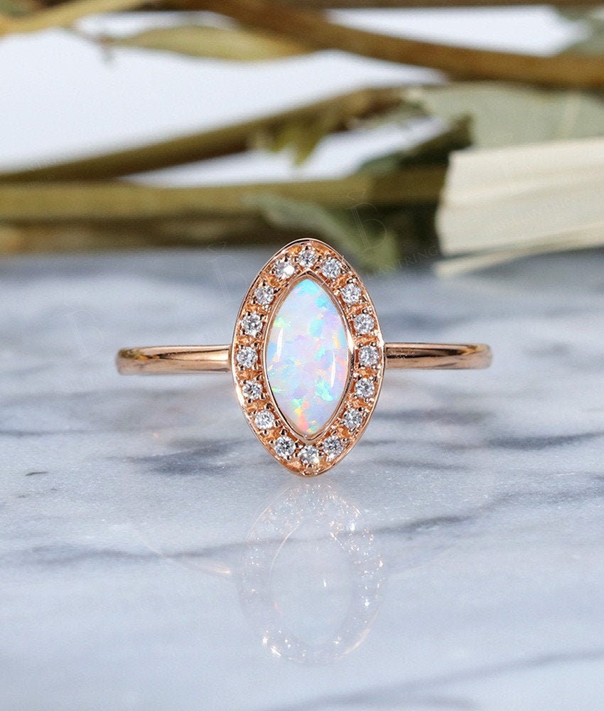 Lab Opal engagement ring vintage Rose gold  marquise cut Antique Halo diamond Half eternity Wedding  Promise Anniversary wedding ring