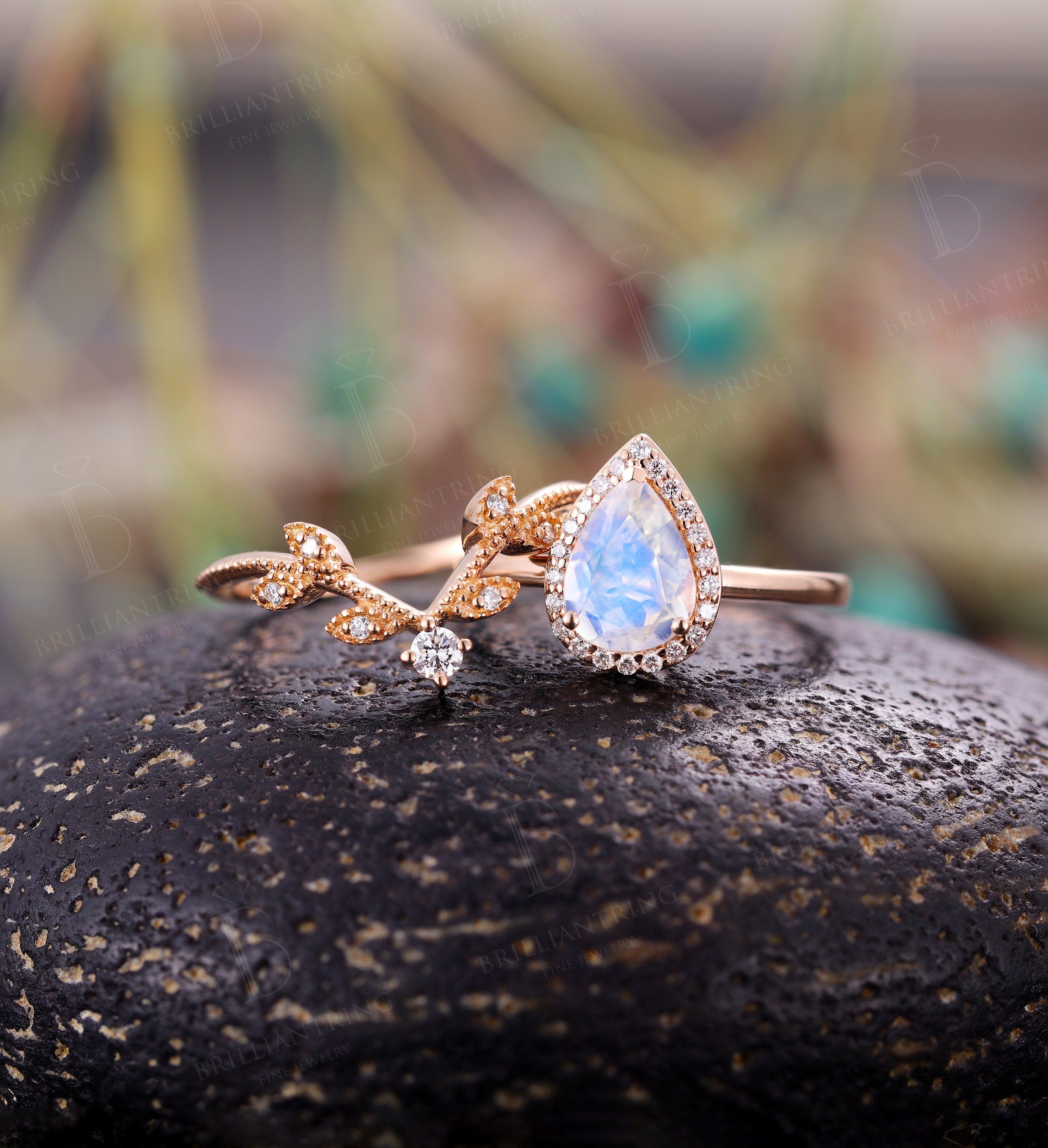 Moonstone engagement ring  Rose gold pear cut vintage moissanite unique Wedding  Jewelry birthstone Anniversary wedding ring