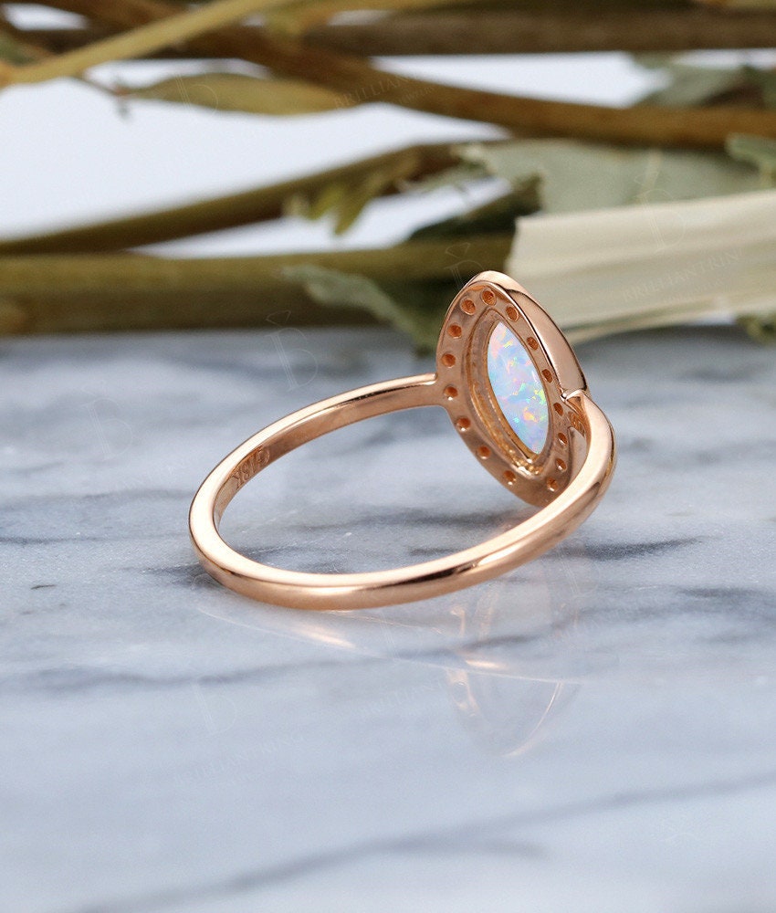 Lab Opal engagement ring vintage Rose gold  marquise cut Antique Halo diamond Half eternity Wedding  Promise Anniversary wedding ring