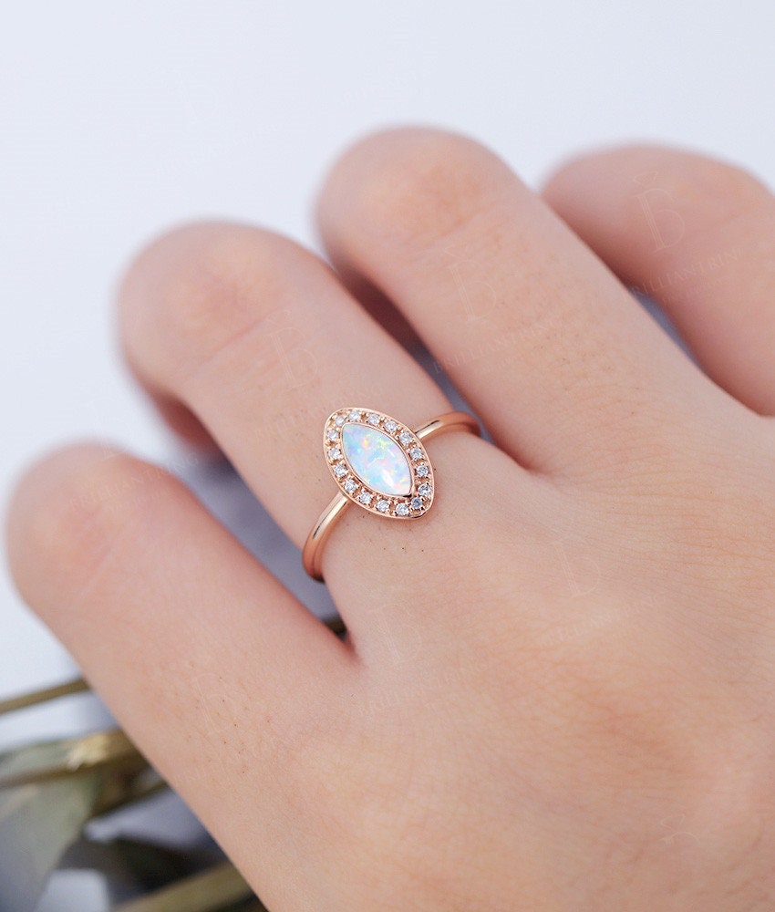 Lab Opal engagement ring vintage Rose gold  marquise cut Antique Halo diamond Half eternity Wedding  Promise Anniversary wedding ring