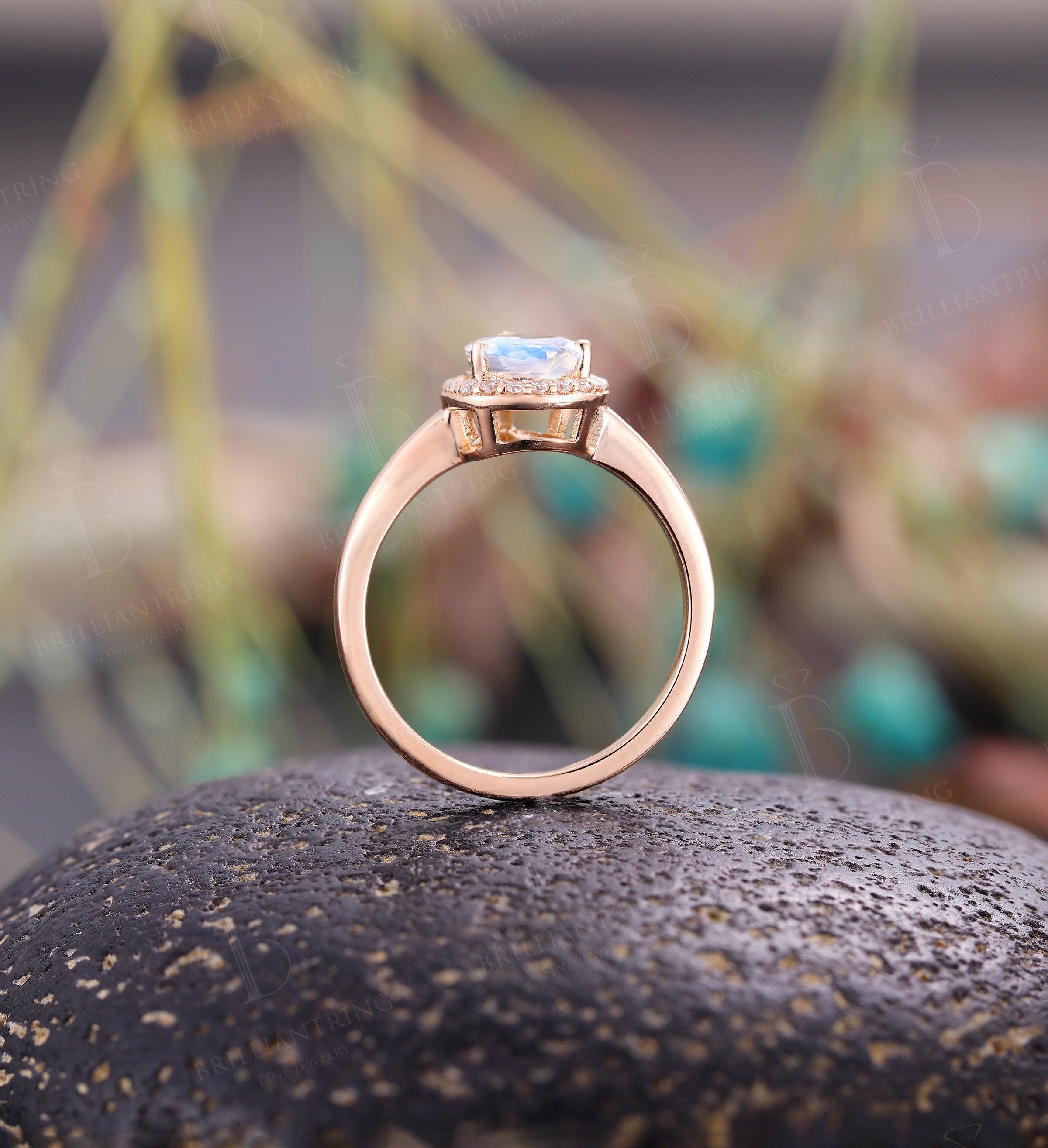 Moonstone engagement ring  Rose gold pear cut vintage moissanite unique Wedding  Jewelry birthstone Anniversary wedding ring