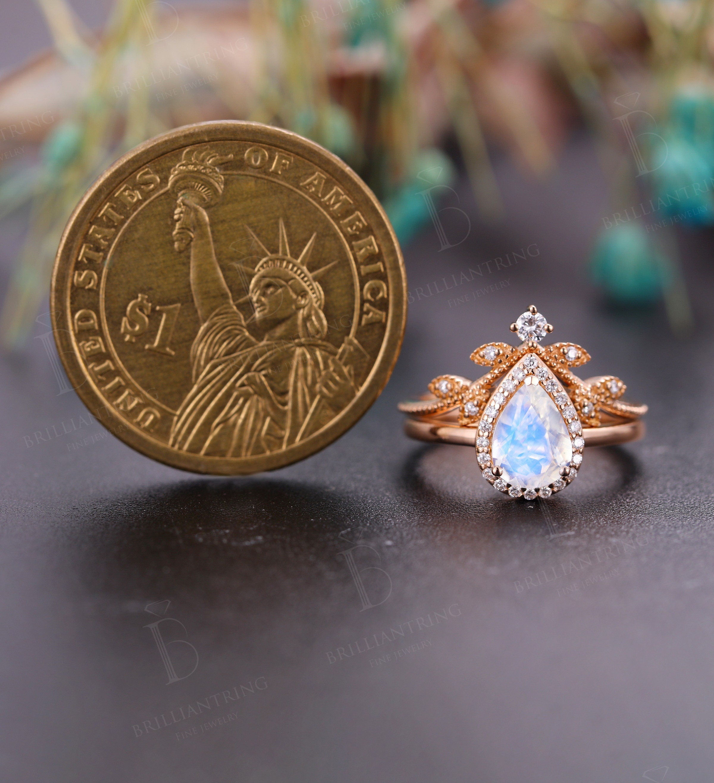 Moonstone engagement ring  Rose gold pear cut vintage moissanite unique Wedding  Jewelry birthstone Anniversary wedding ring