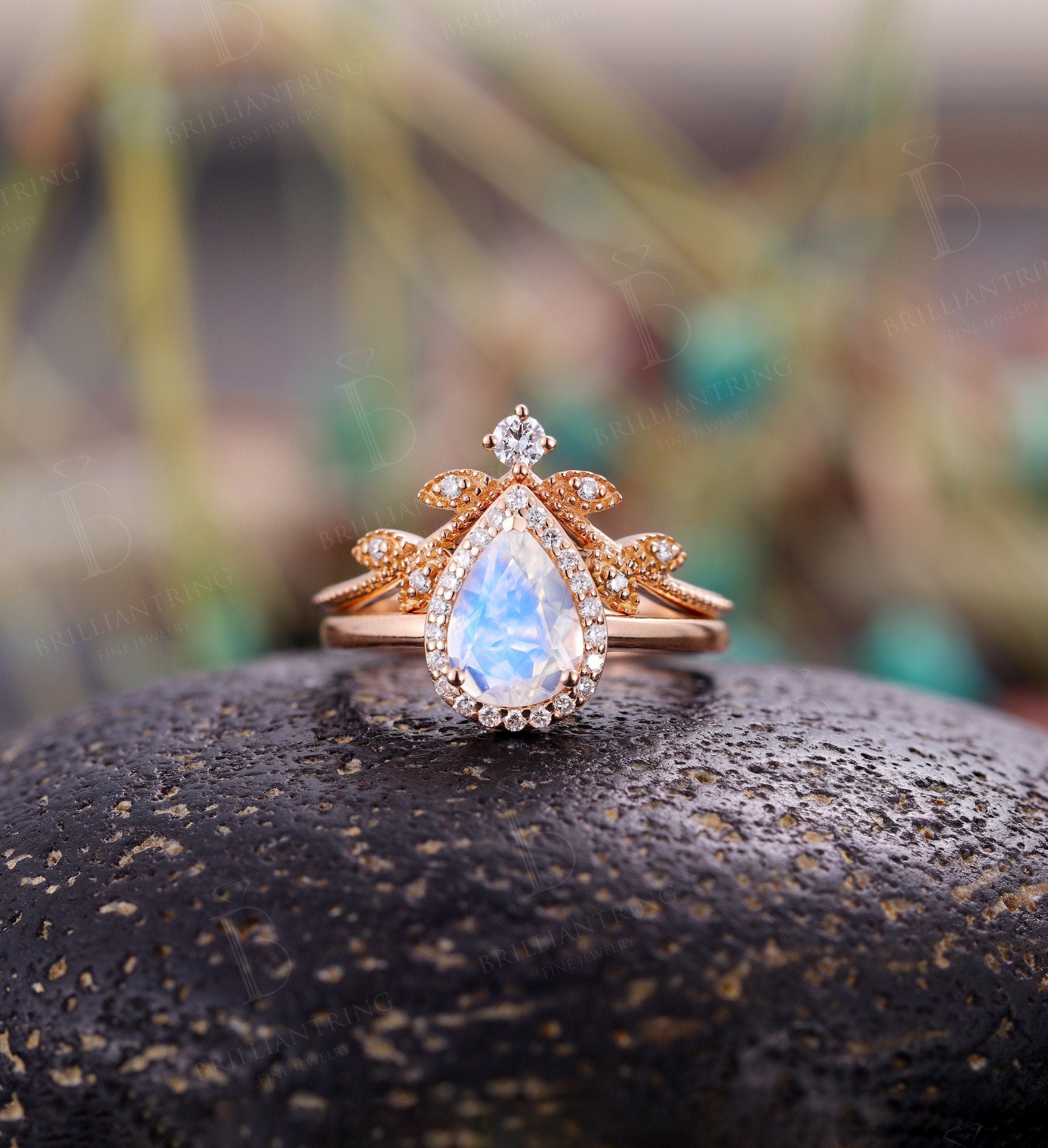 Moonstone engagement ring  Rose gold pear cut vintage moissanite unique Wedding  Jewelry birthstone Anniversary wedding ring