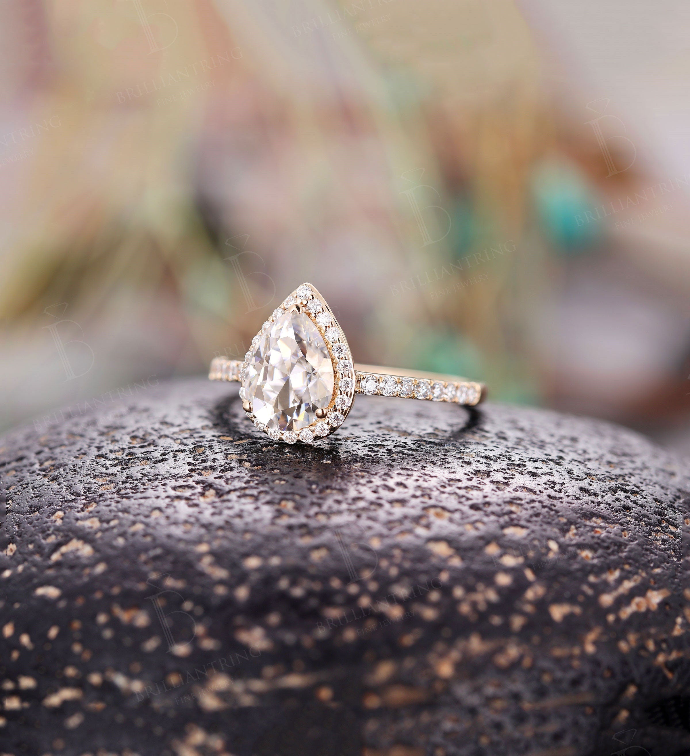 Moissanite engagement ring  yellow gold pear shaped halo vintage unique Wedding  Jewelry birthstone Anniversary wedding ring