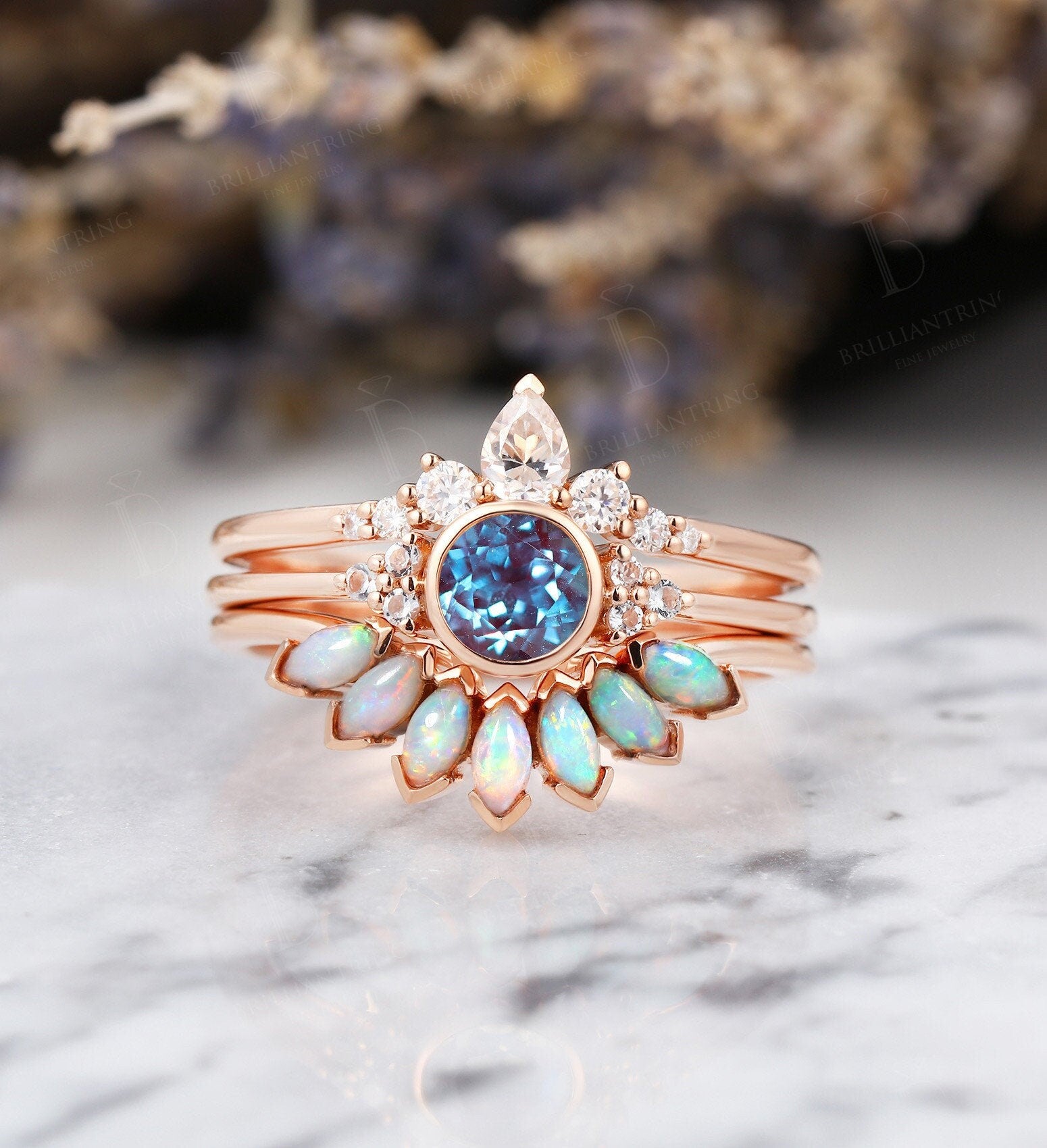 Art deco Alexandrite engagement ring Vintage Opal Topaz Jewelry rose gold Unique moissanite wedding band Bridal set Anniversary wedding ring