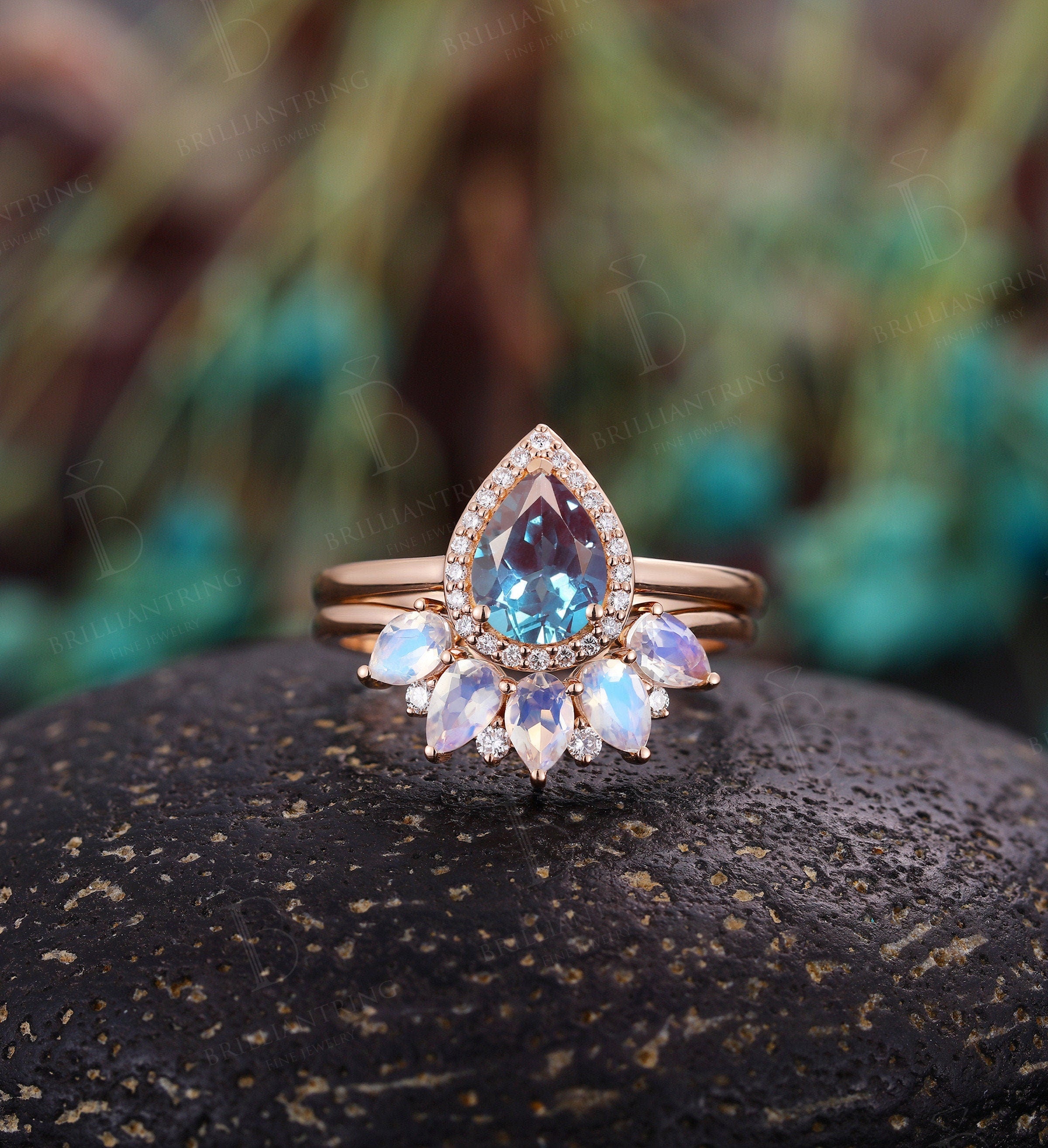 Alexandrite engagement ring set vintage pear shaped moissanite moonstone unique rose gold ring set art deco Anniversary wedding band ring