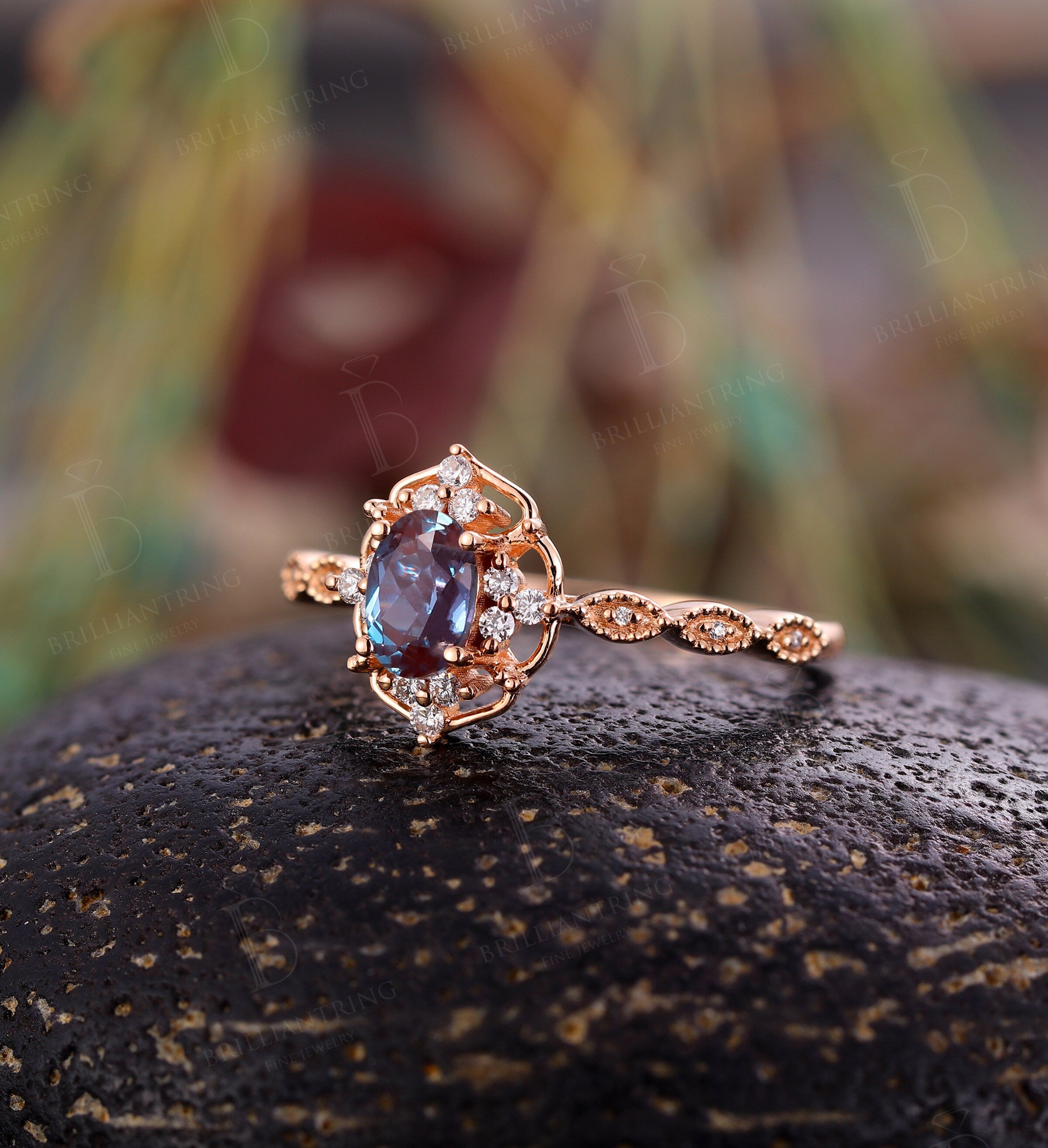 Alexandrite engagement ring vintage rose gold oval cut Antique unique moissanite milgrain Wedding  Promise Anniversary wedding ring