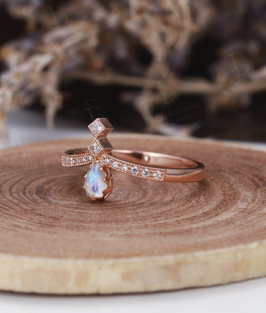 Moonstone Engagement Ring  rose Gold  diamond vintage pear cut  Art Deco wedding ring   Promise Anniversary wedding ring