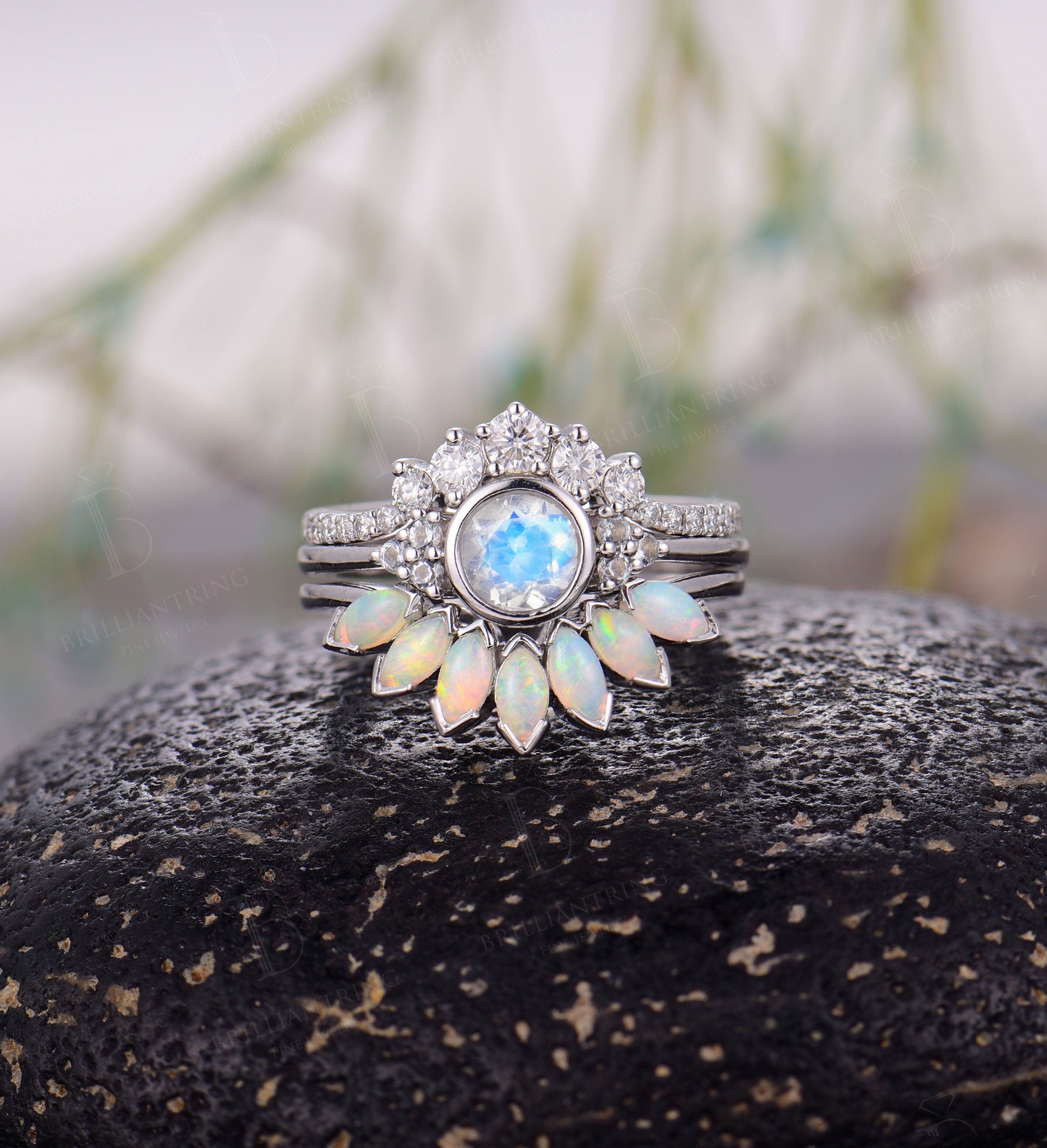 Art deco moonstone engagement ring Vintage Opal band moissanite curved wedding band white gold Unique moissanite wedding band Bridal set