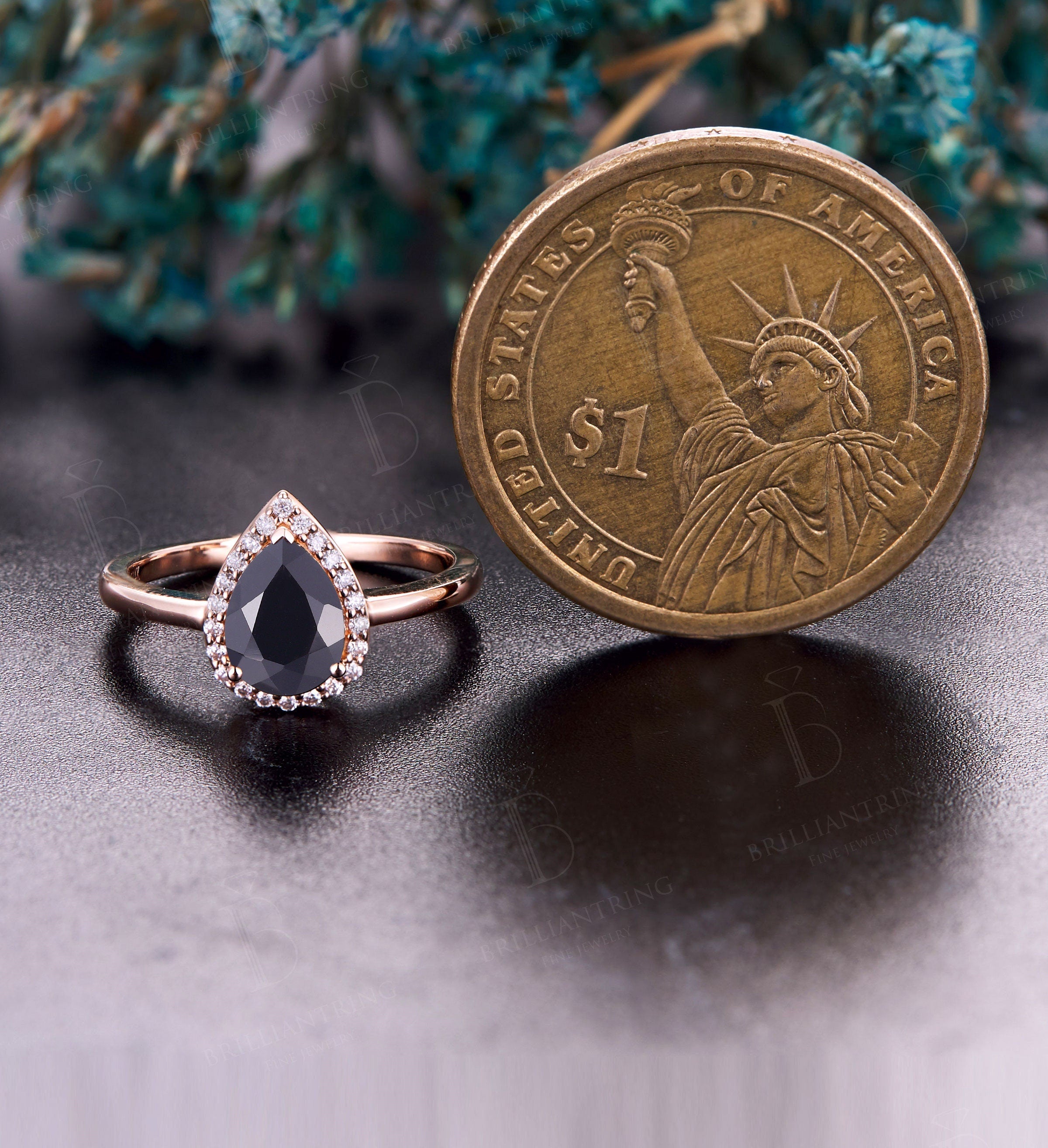 Black Onyx engagement ring  Rose gold pear cut vintage moissanite unique  Bridal Jewelry birthstone Anniversary wedding ring