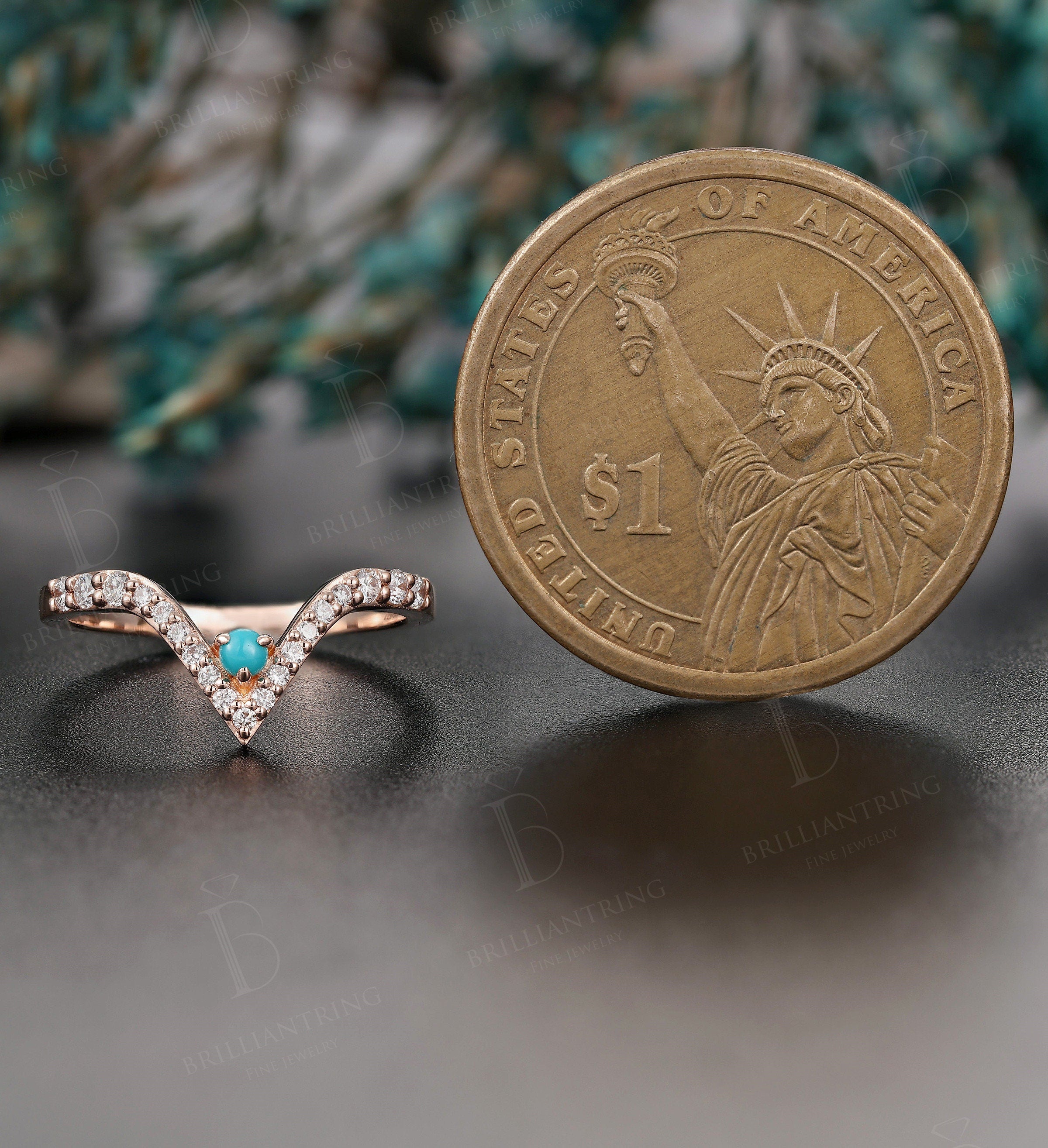 Moissanite Curved wedding band chevron band rose gold diamond band Vintage turquoise band V shape band Antique stacking Promise ring