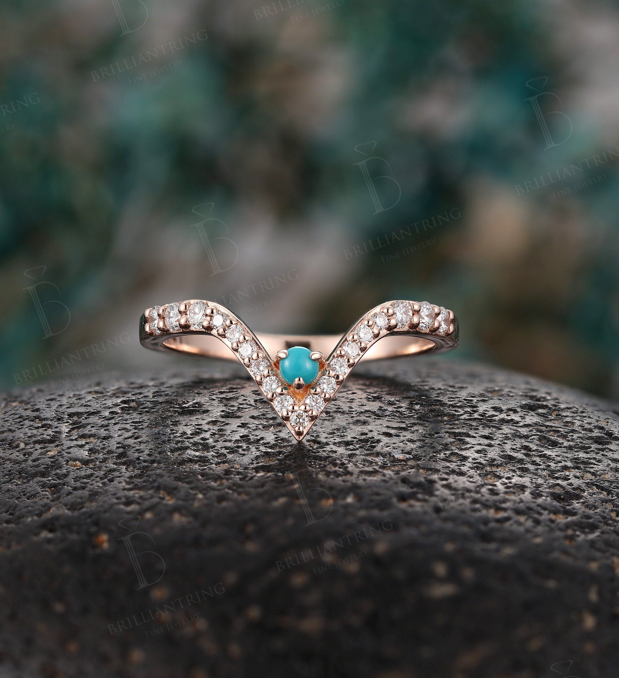 Moissanite Curved wedding band chevron band rose gold diamond band Vintage turquoise band V shape band Antique stacking Promise ring