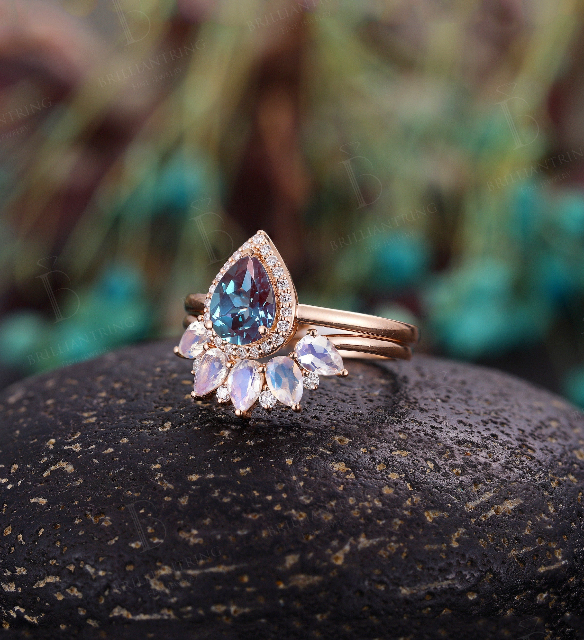 Alexandrite engagement ring set vintage pear shaped moissanite moonstone unique rose gold ring set art deco Anniversary wedding band ring