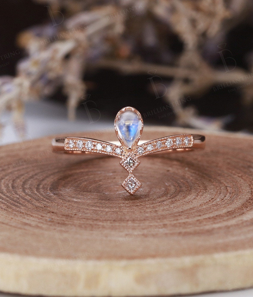 Moonstone Engagement Ring  rose Gold  diamond vintage pear cut  Art Deco wedding ring   Promise Anniversary wedding ring