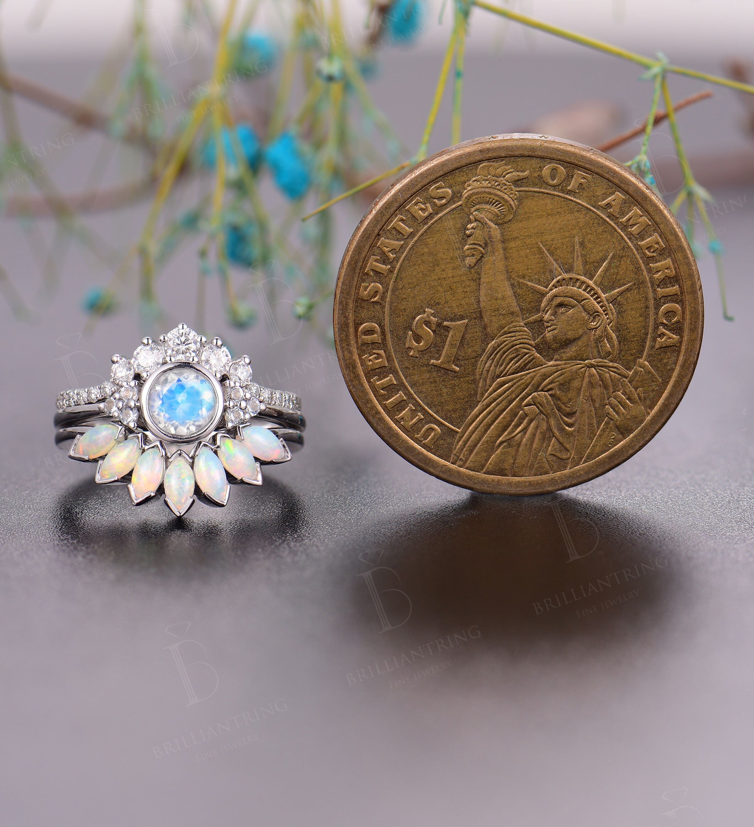 Art deco moonstone engagement ring Vintage Opal band moissanite curved wedding band white gold Unique moissanite wedding band Bridal set