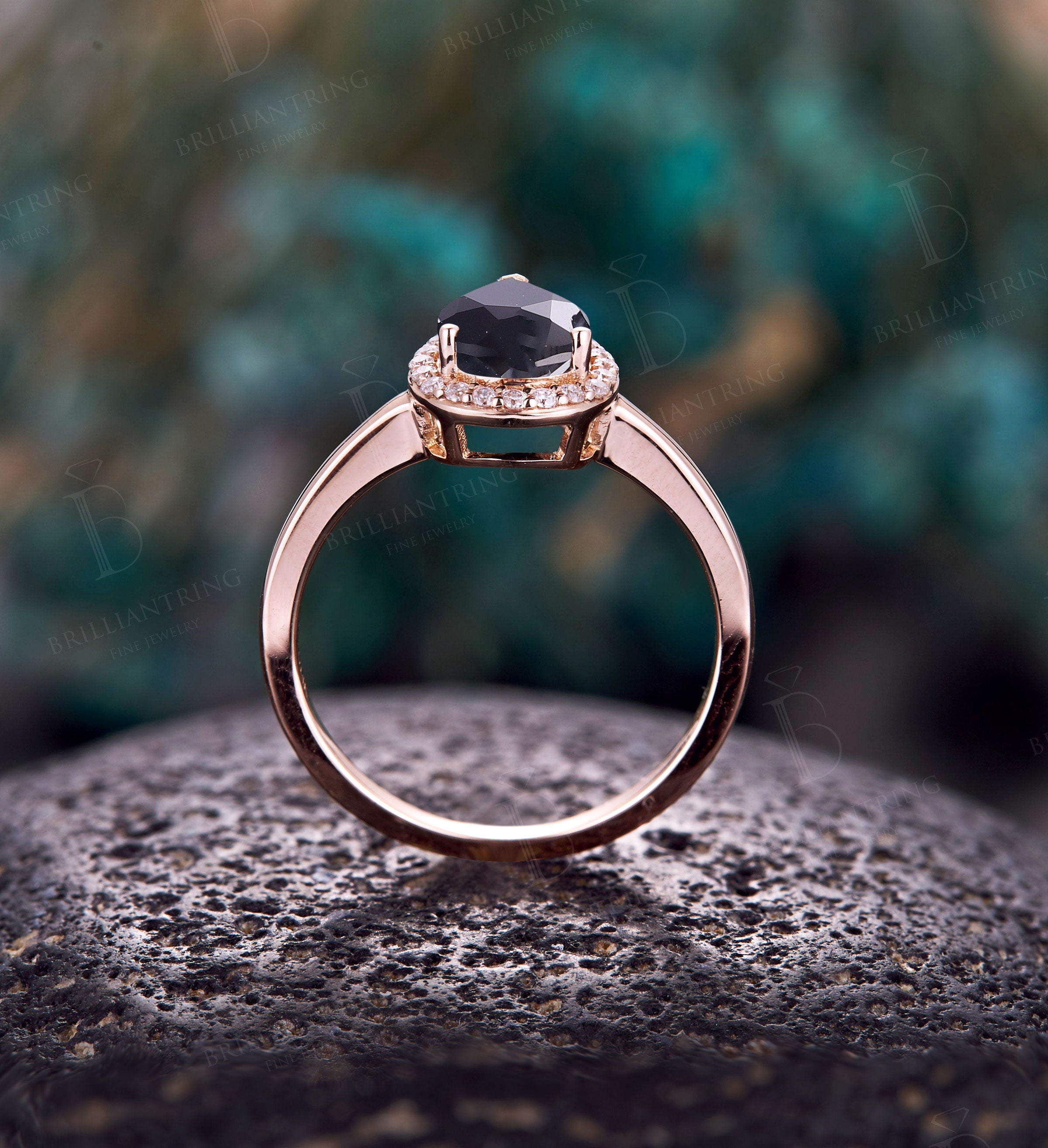 Black Onyx engagement ring  Rose gold pear cut vintage moissanite unique  Bridal Jewelry birthstone Anniversary wedding ring