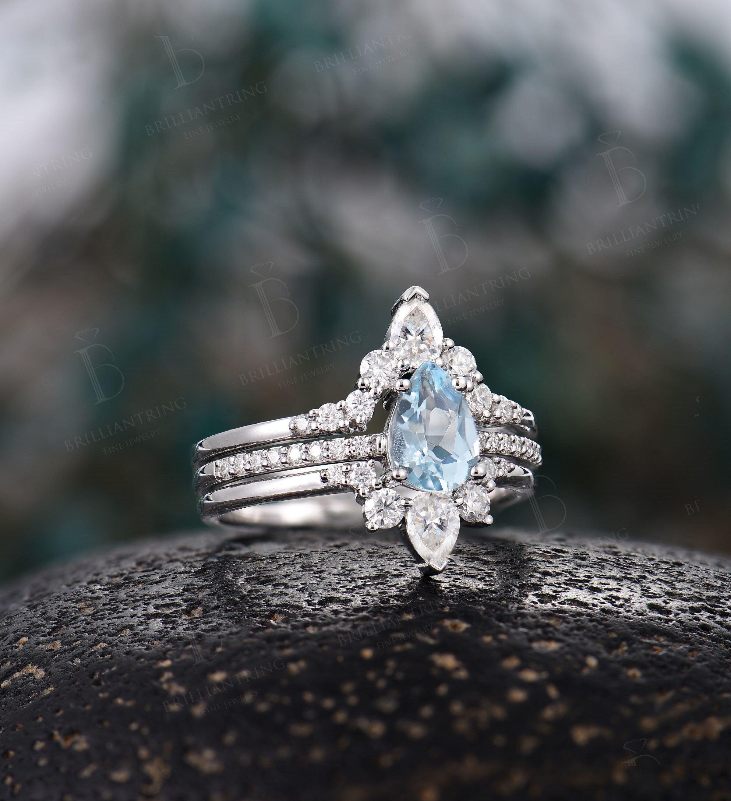 Aquamarine engagement ring 14k white gold pear shaped ring Moissanite Half eternity Wedding ring for  unique Anniversary stacking rings