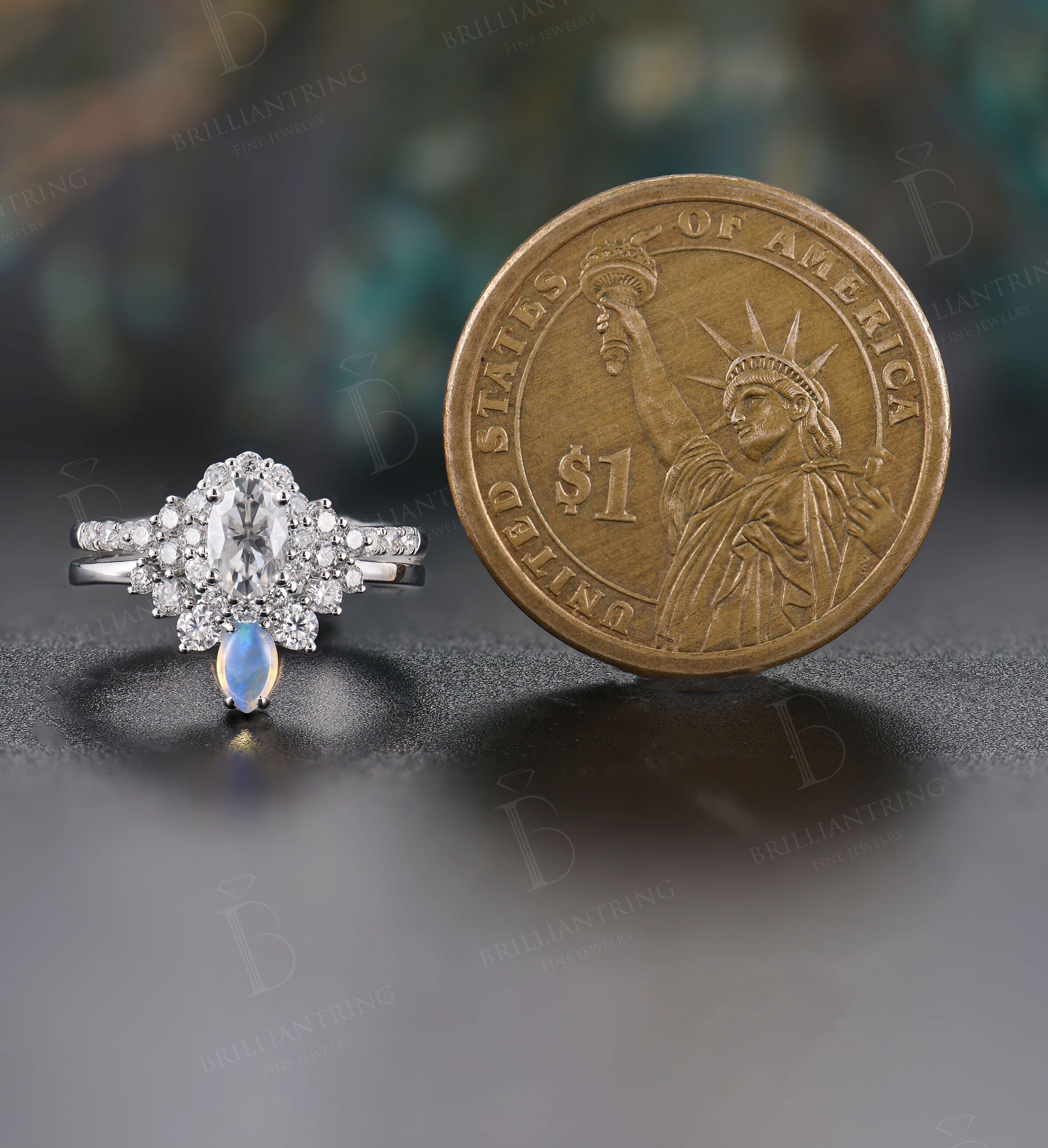 Moissanite engagement ring set Vintage  oval Art deco white gold Unique opal wedding Jewelry antique promise Anniversary wedding ring