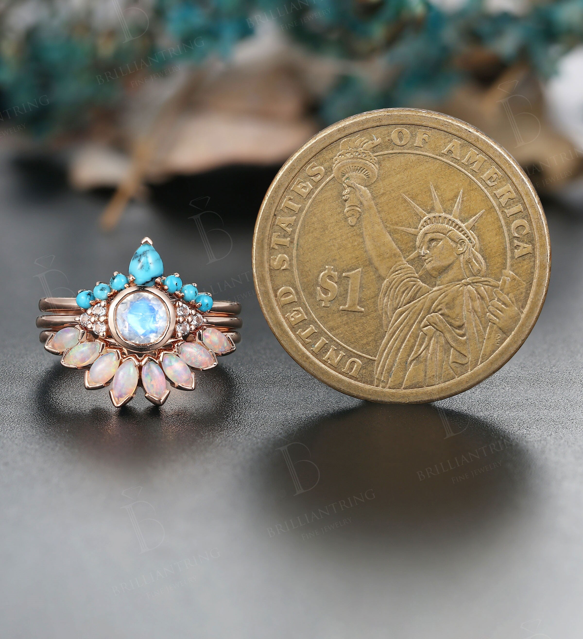 Art deco moonstone engagement ring Vintage Opal band Jewelry rose gold Unique turquoise wedding band Bridal set Anniversary wedding ring