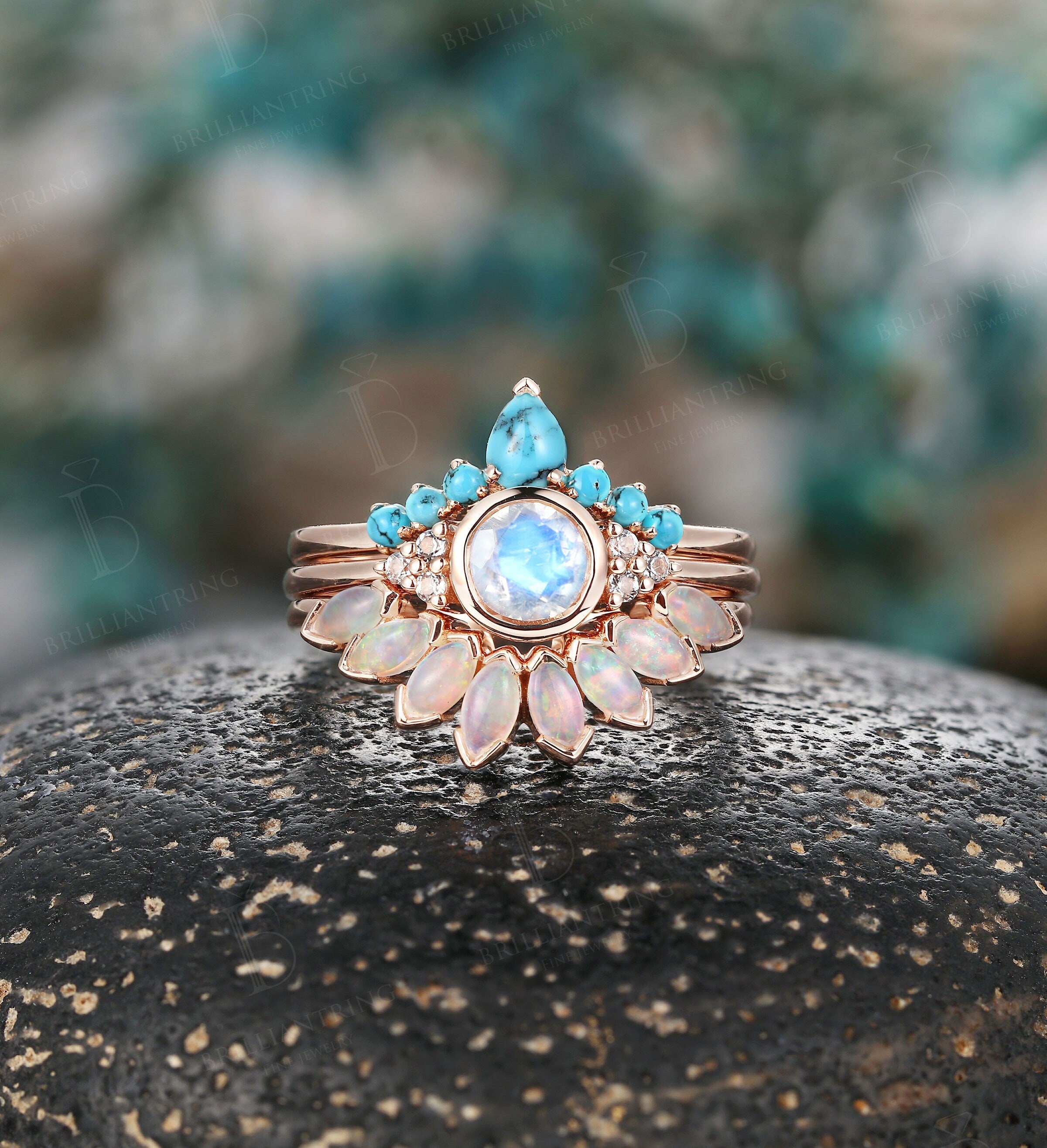 Art deco moonstone engagement ring Vintage Opal band Jewelry rose gold Unique turquoise wedding band Bridal set Anniversary wedding ring