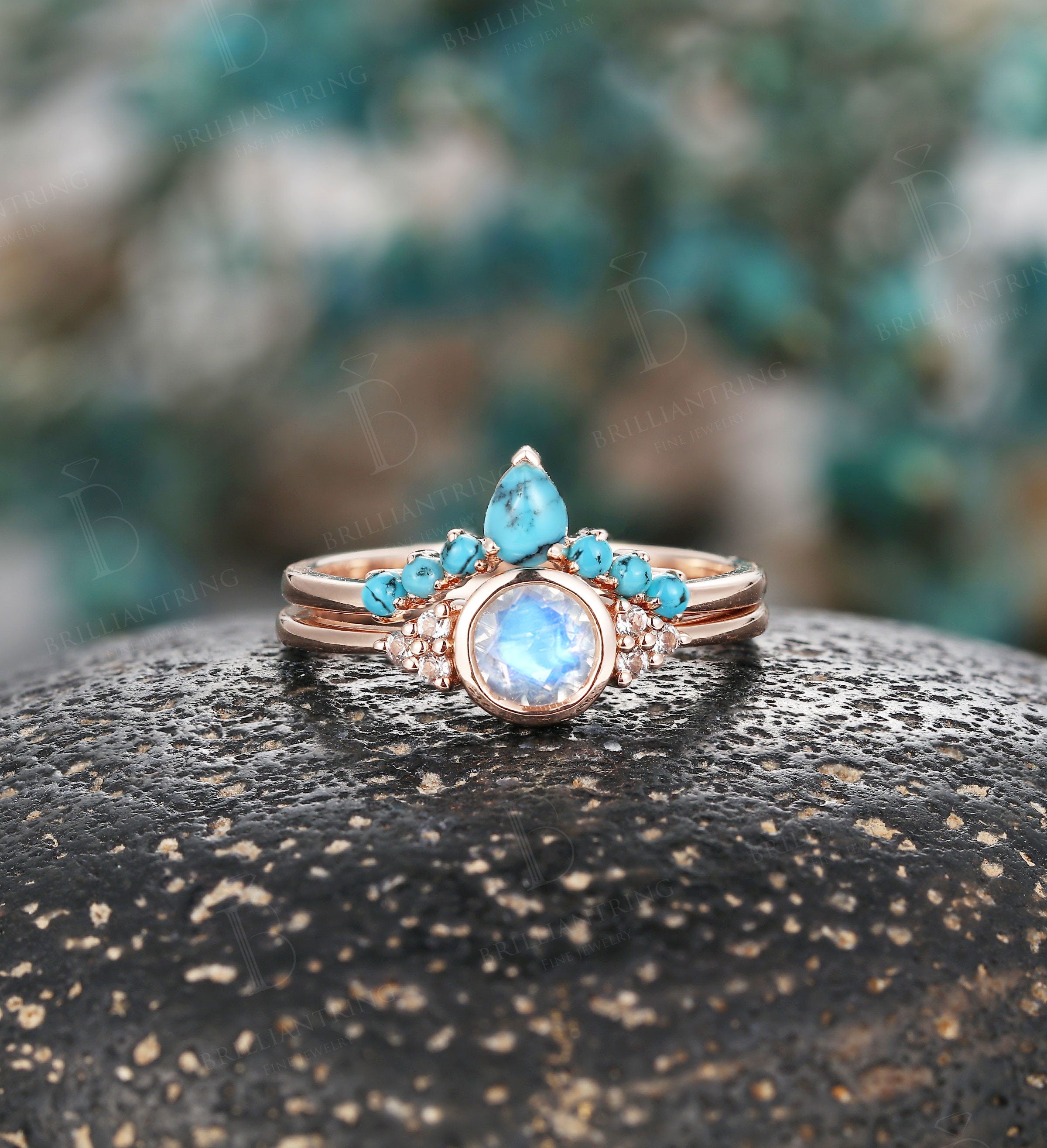 Art deco moonstone engagement ring set Vintage Jewelry rose gold Unique turquoise wedding band Bridal set Anniversary wedding ring set