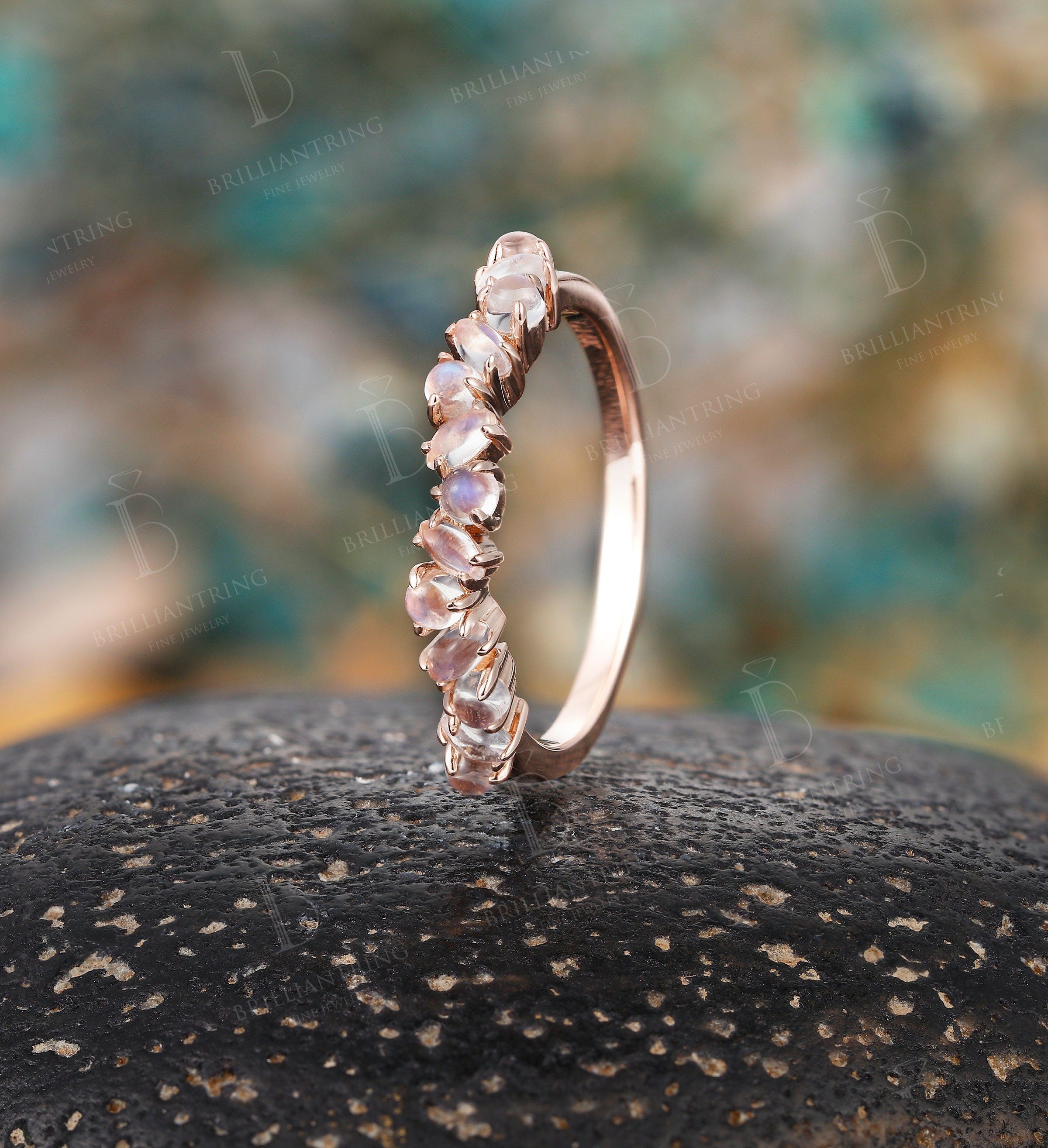 Marquise cut & round Moonstone wedding band vintage rose gold  Half eternity antique unique Promise Matching band anniversary gift