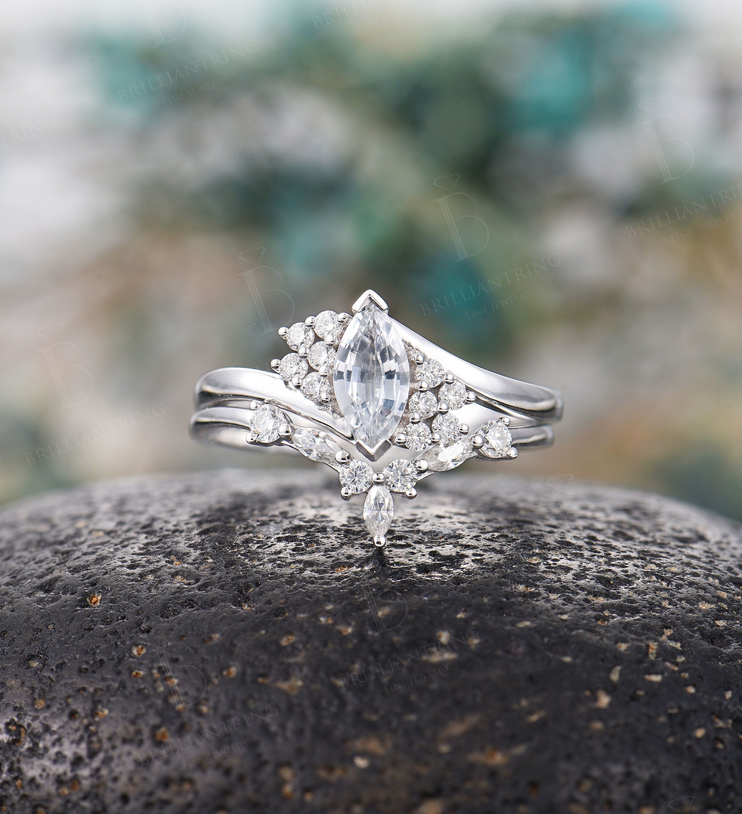 Marquise white sapphire engagement ring set vintage white gold cluster Antique moissanite  unique Wedding  set Anniversary wedding ring