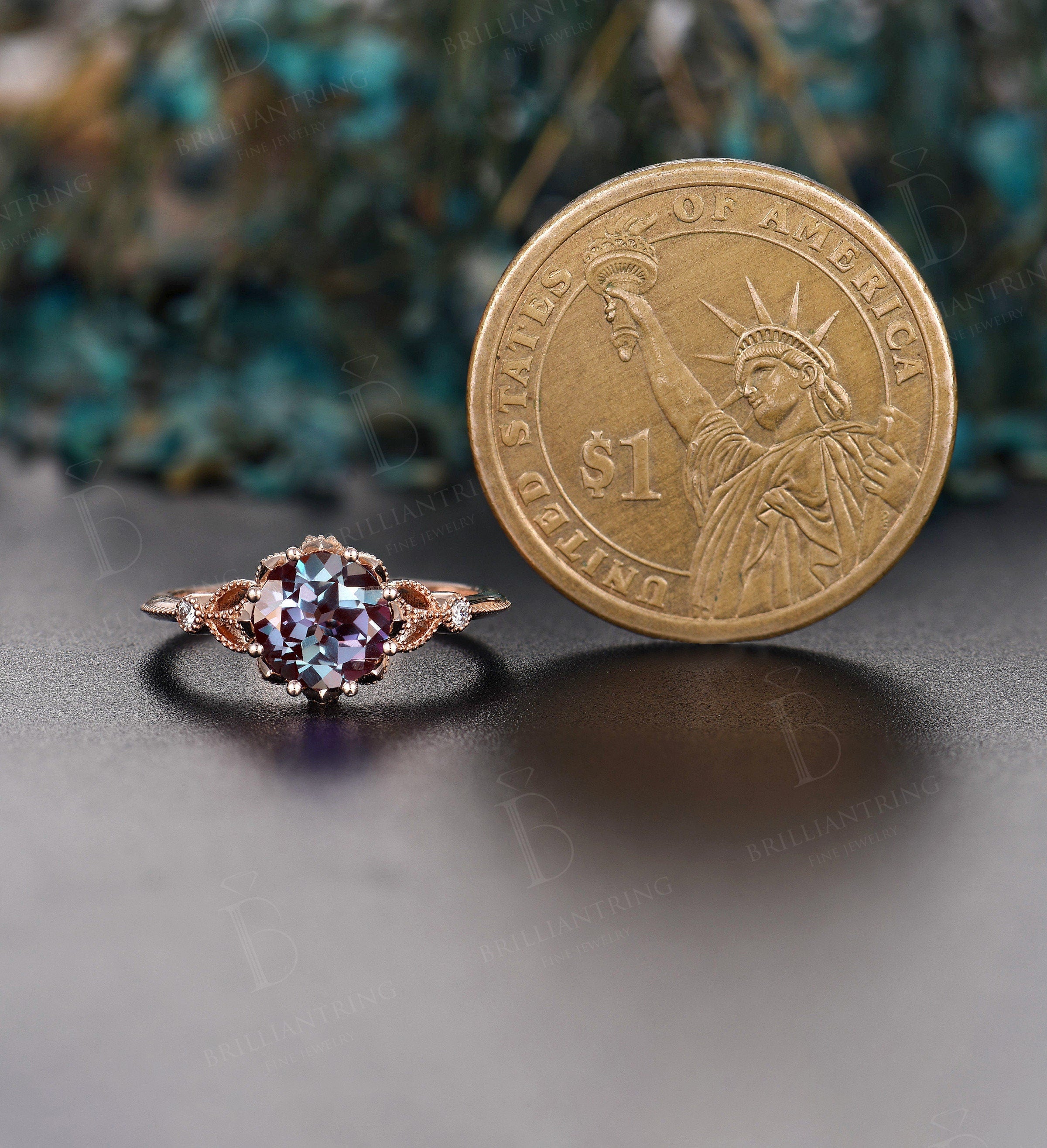 Alexandrite engagement ring Rose gold art deco vintage rings  antique milgrain Jewelry Anniversary wedding ring