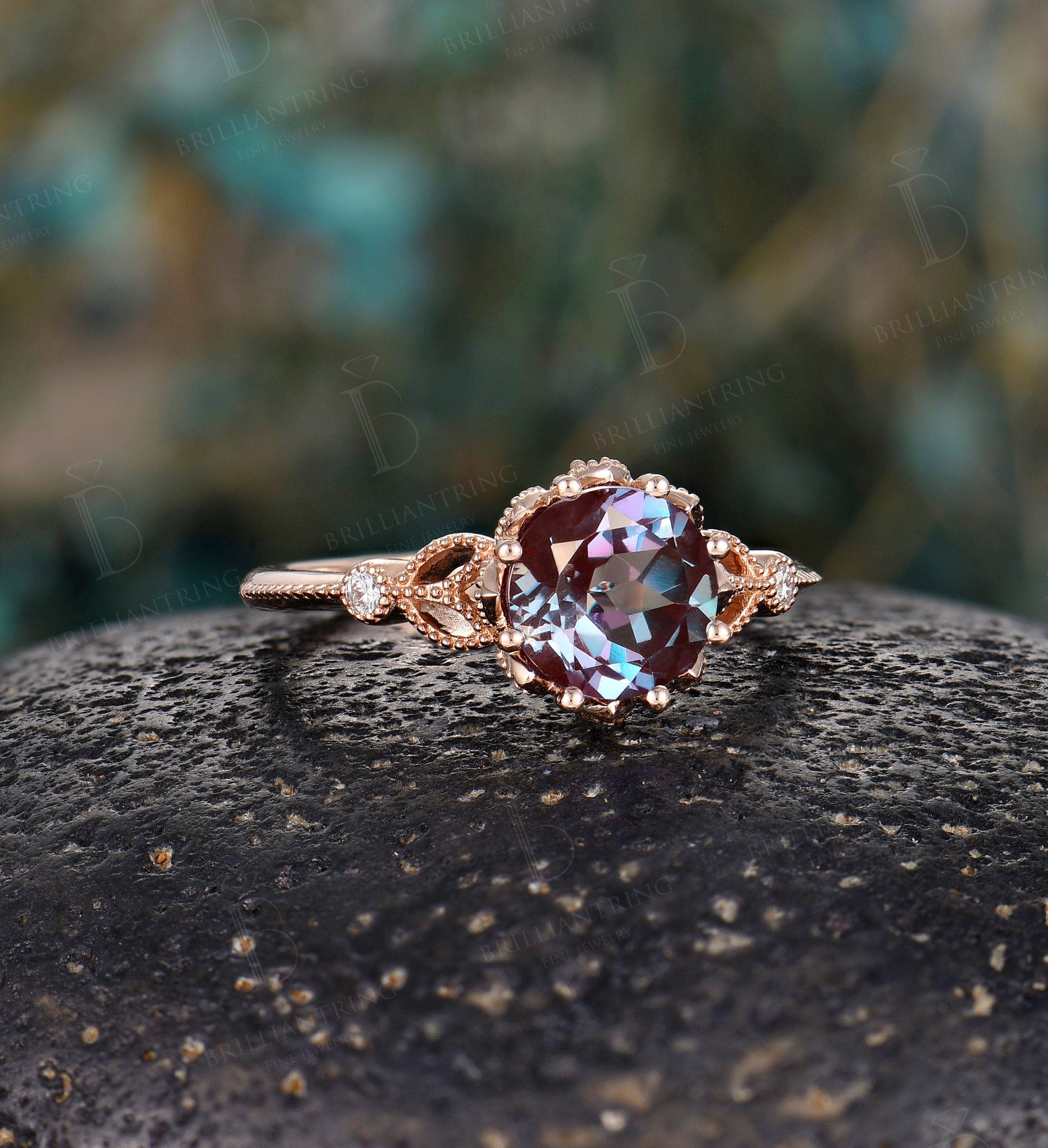 Alexandrite engagement ring Rose gold art deco vintage rings  antique milgrain Jewelry Anniversary wedding ring