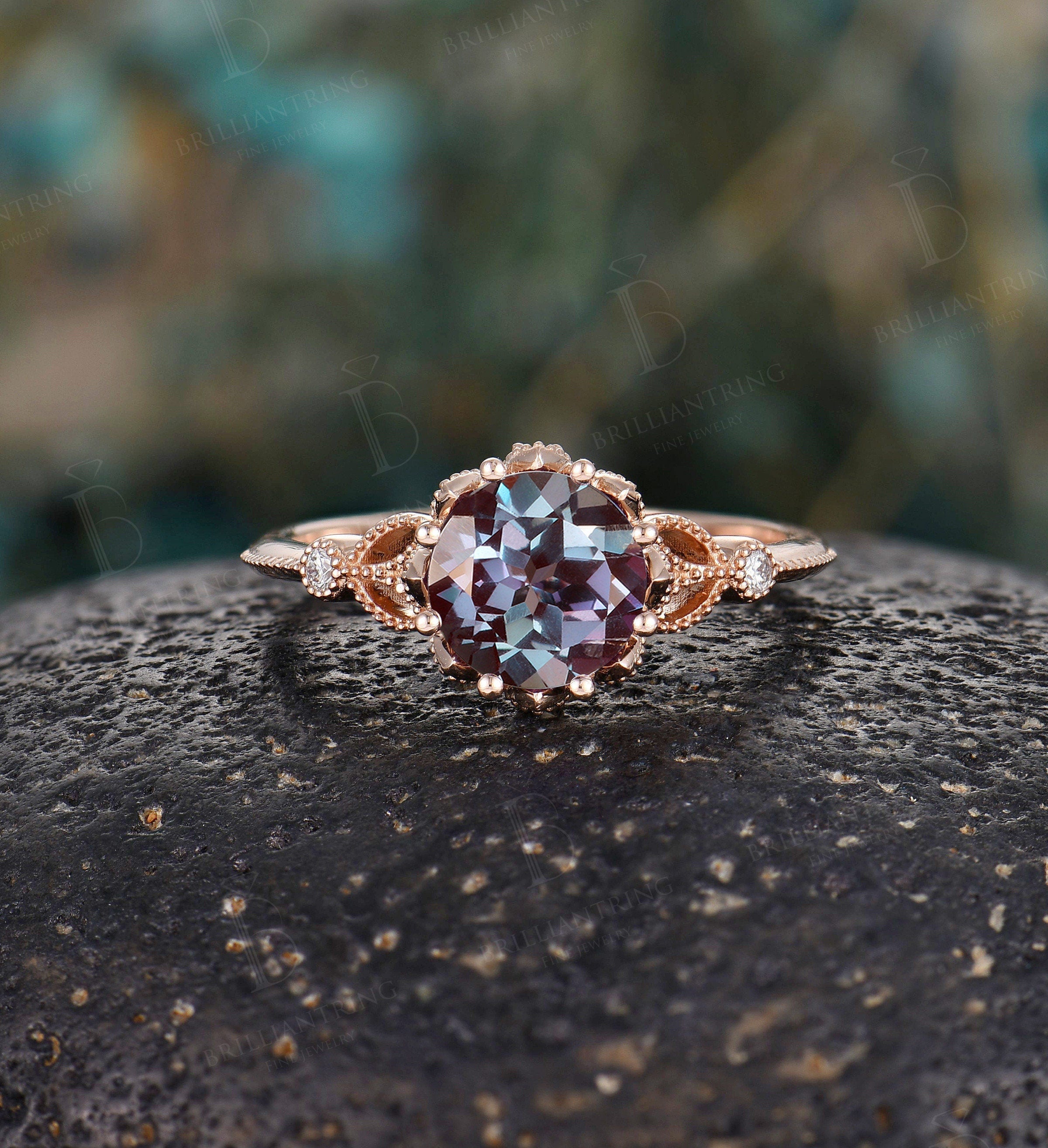 Alexandrite engagement ring Rose gold art deco vintage rings  antique milgrain Jewelry Anniversary wedding ring