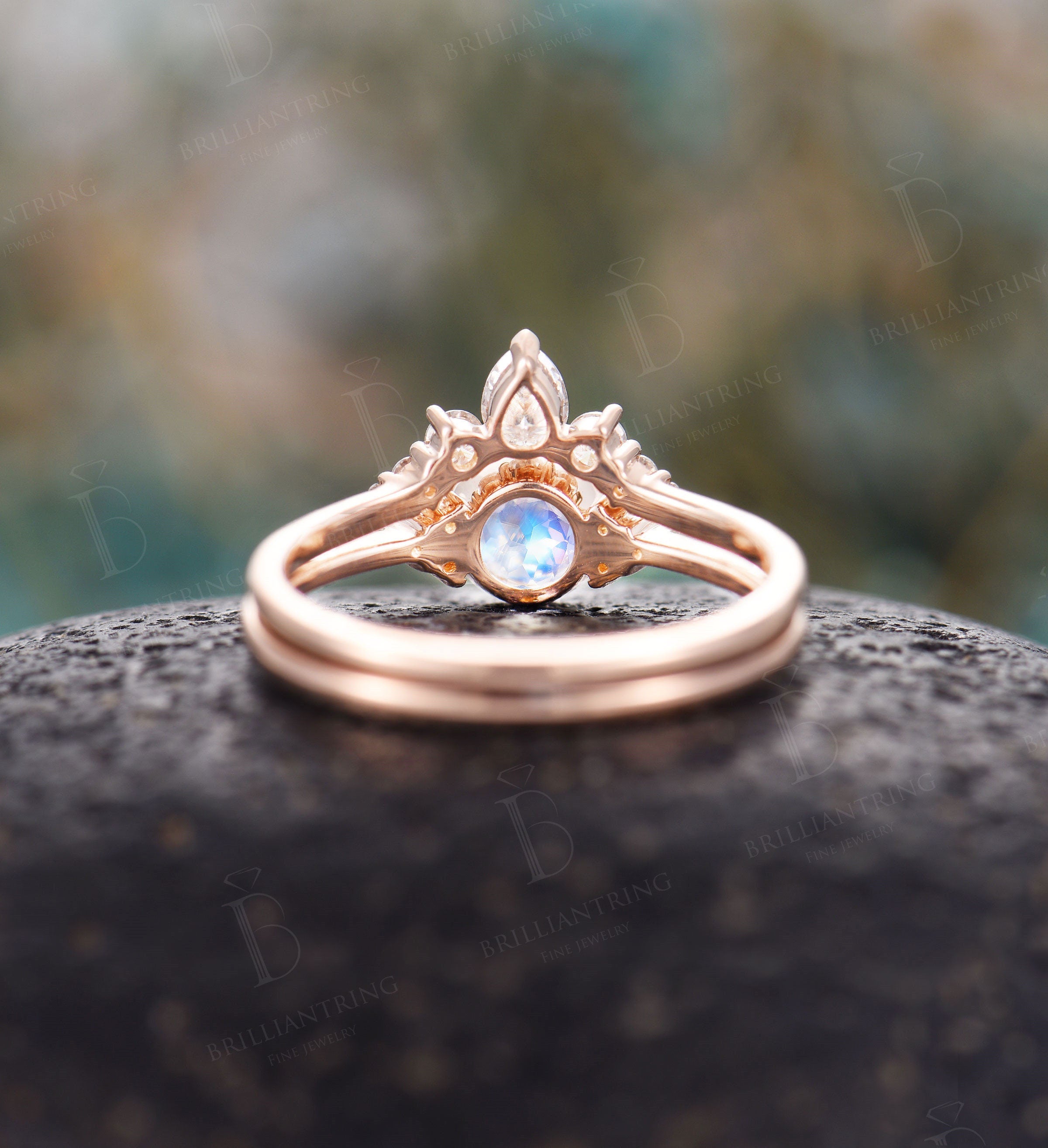 Art deco moonstone engagement ring set Vintage Topaz Jewelry rose gold Unique moissanite wedding band Bridal set Anniversary wedding ring