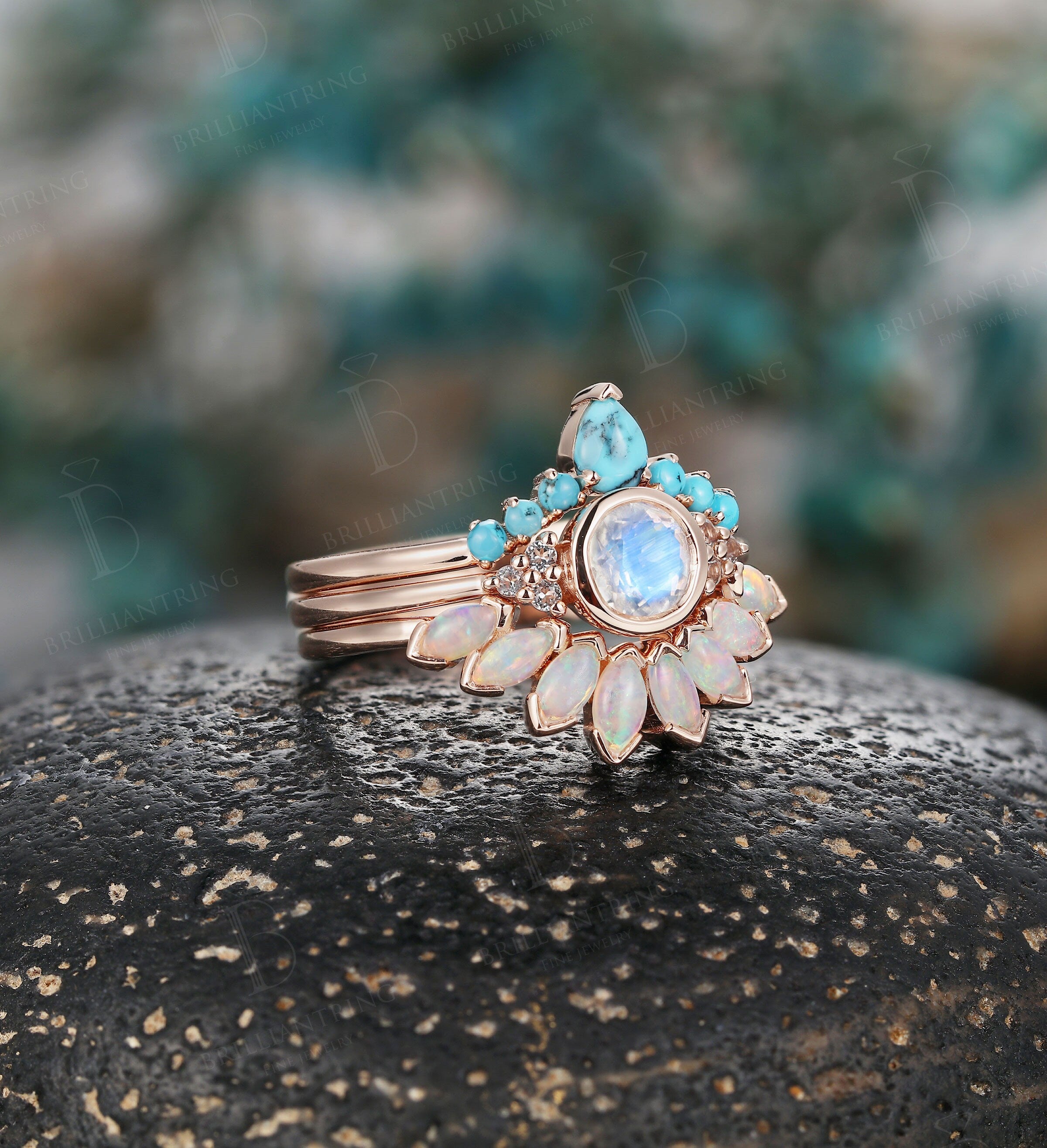 Art deco moonstone engagement ring Vintage Opal band Jewelry rose gold Unique turquoise wedding band Bridal set Anniversary wedding ring