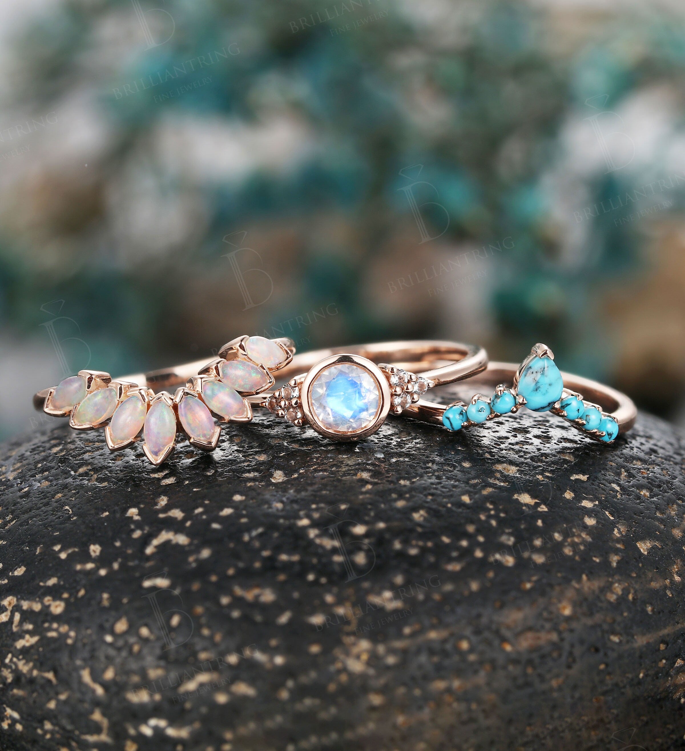 Art deco moonstone engagement ring Vintage Opal band Jewelry rose gold Unique turquoise wedding band Bridal set Anniversary wedding ring