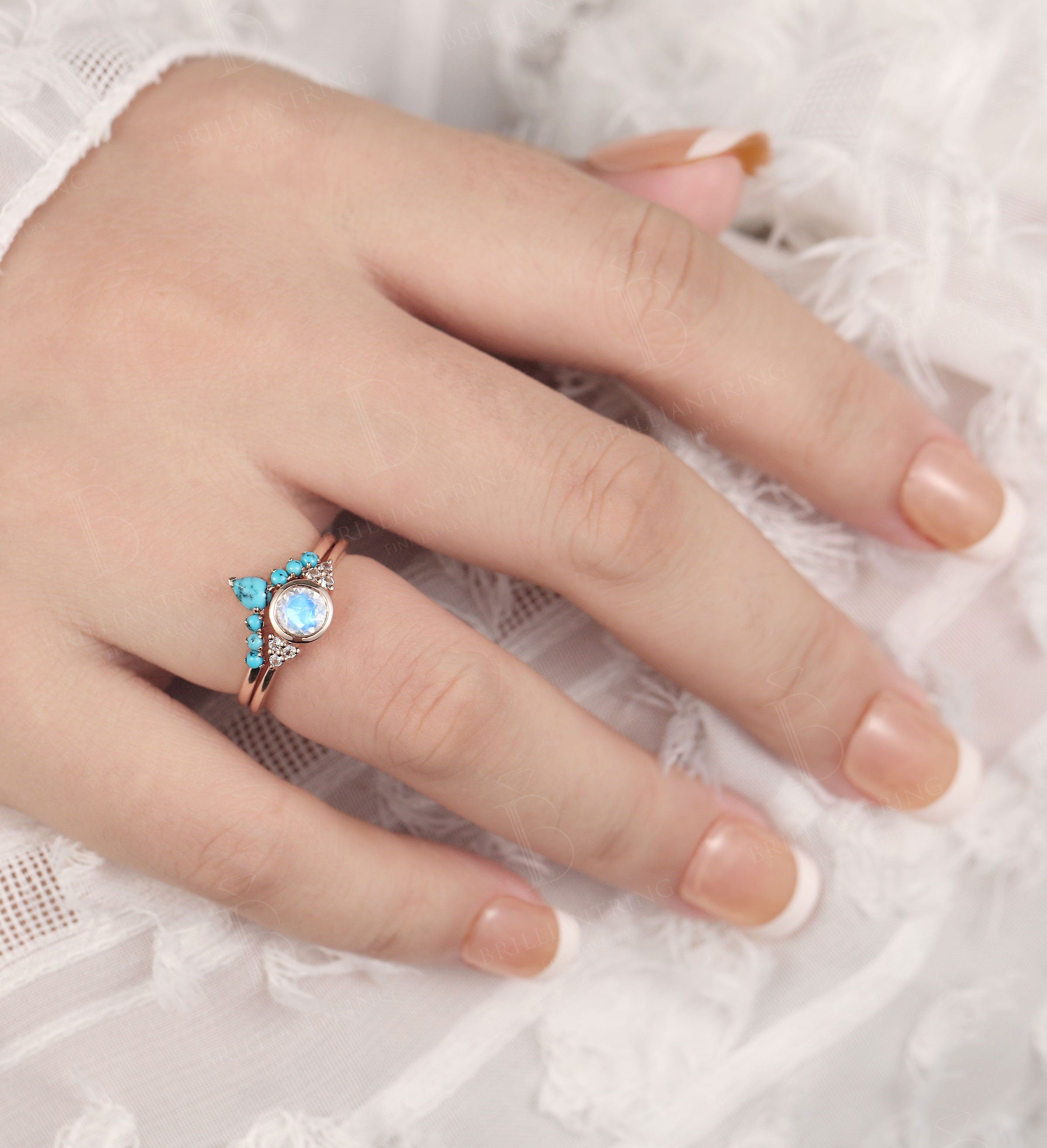 Art deco moonstone engagement ring set Vintage Jewelry rose gold Unique turquoise wedding band Bridal set Anniversary wedding ring set