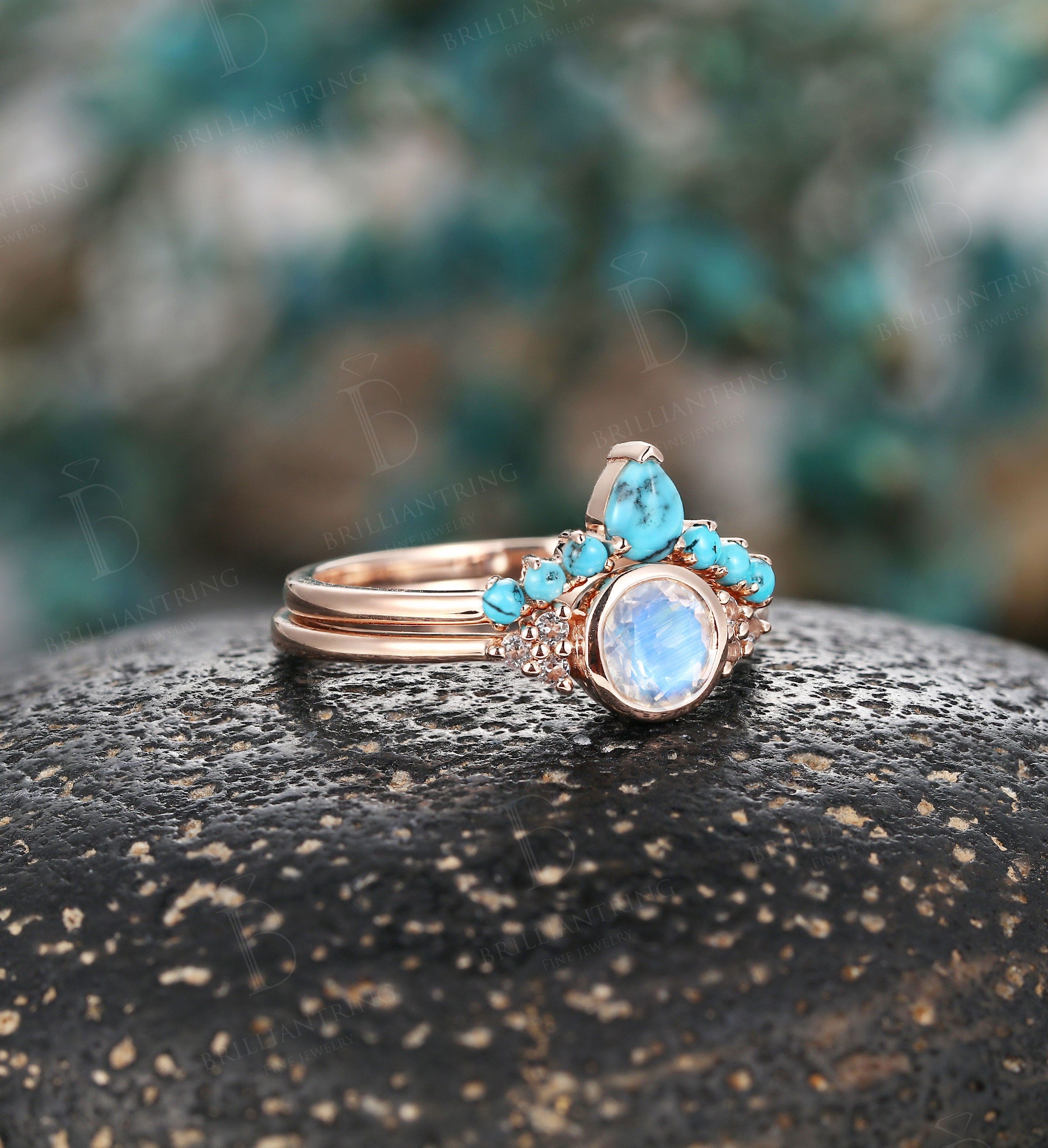 Art deco moonstone engagement ring set Vintage Jewelry rose gold Unique turquoise wedding band Bridal set Anniversary wedding ring set