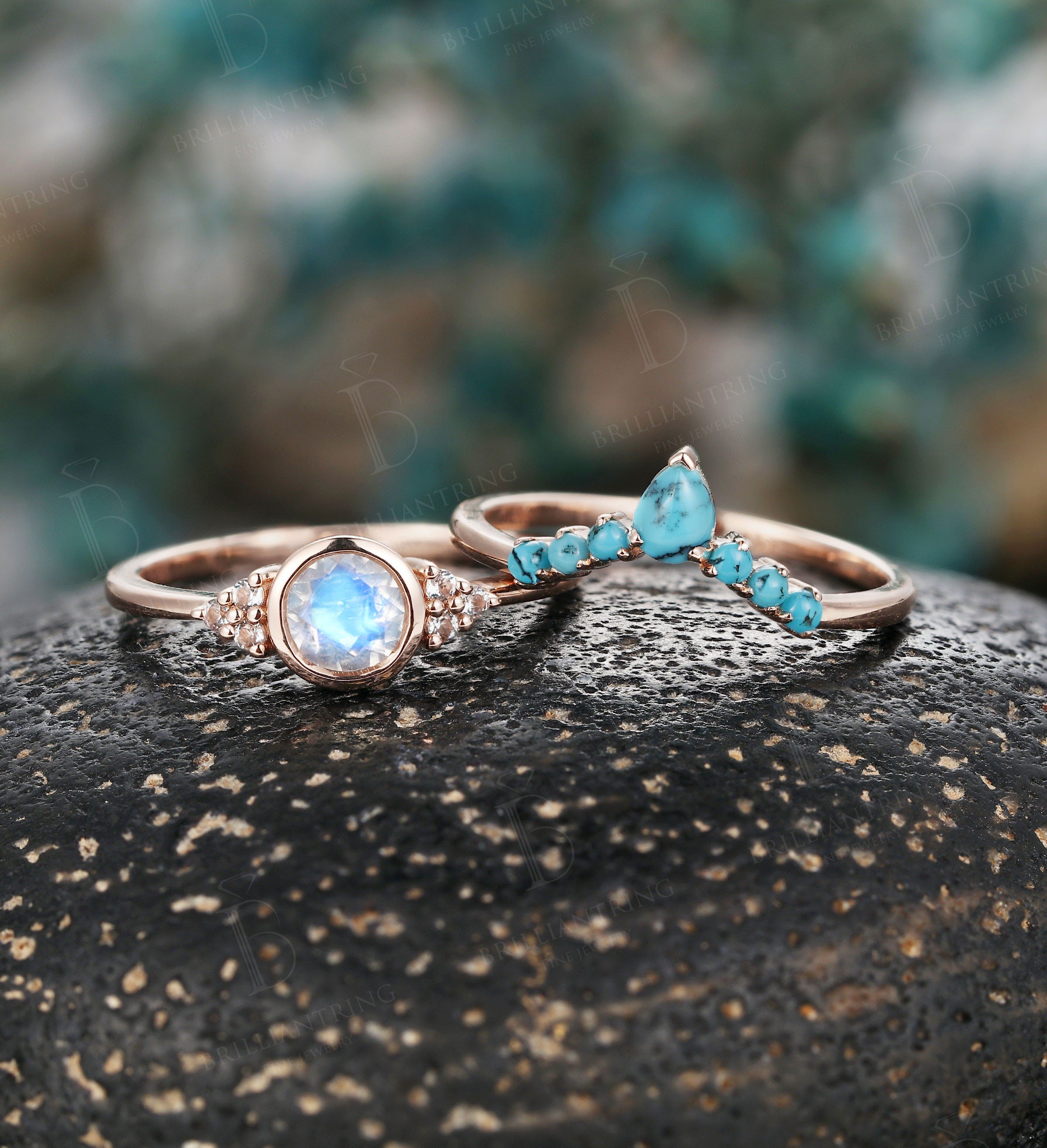 Art deco moonstone engagement ring set Vintage Jewelry rose gold Unique turquoise wedding band Bridal set Anniversary wedding ring set