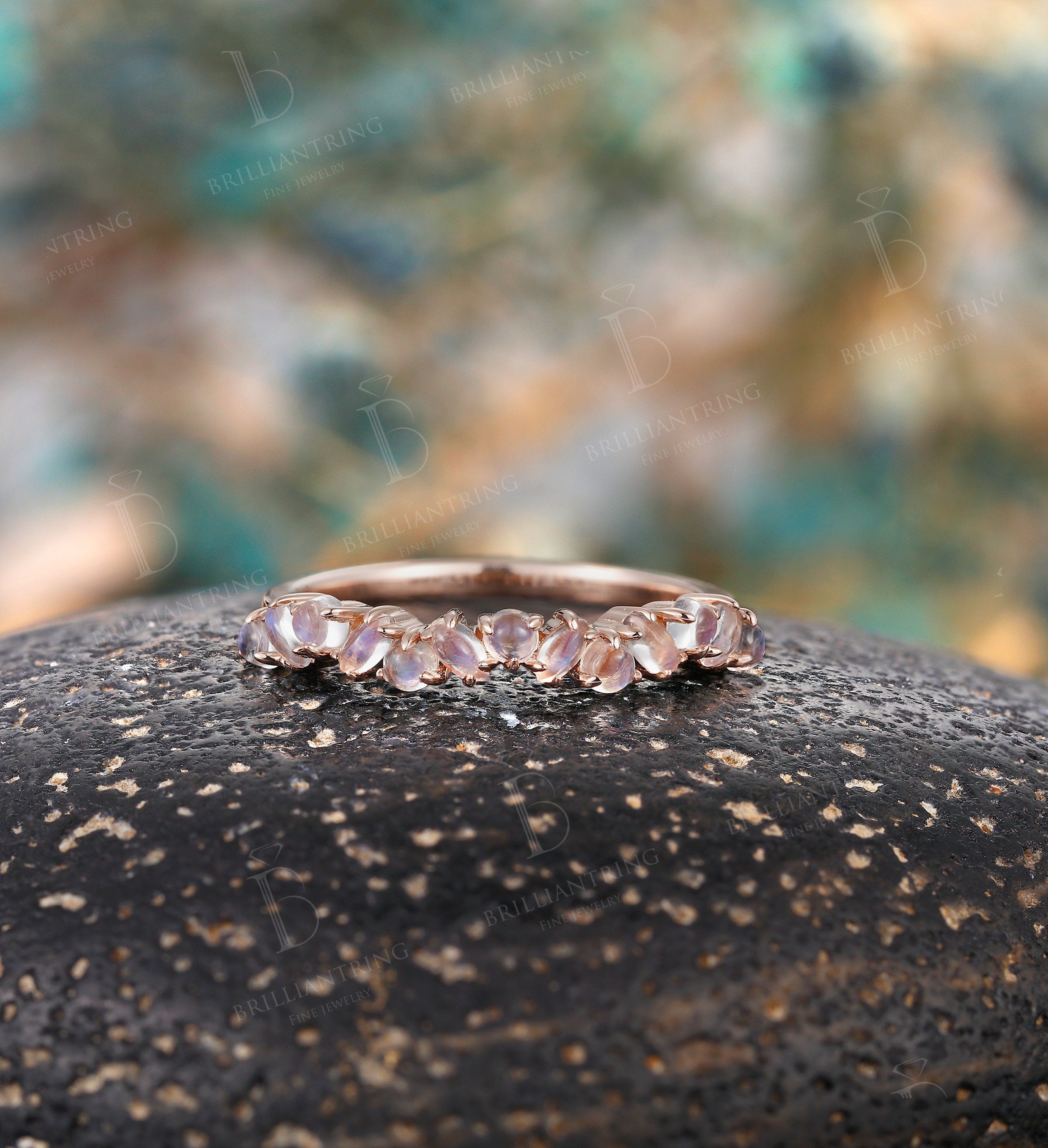 Marquise cut & round Moonstone wedding band vintage rose gold  Half eternity antique unique Promise Matching band anniversary gift