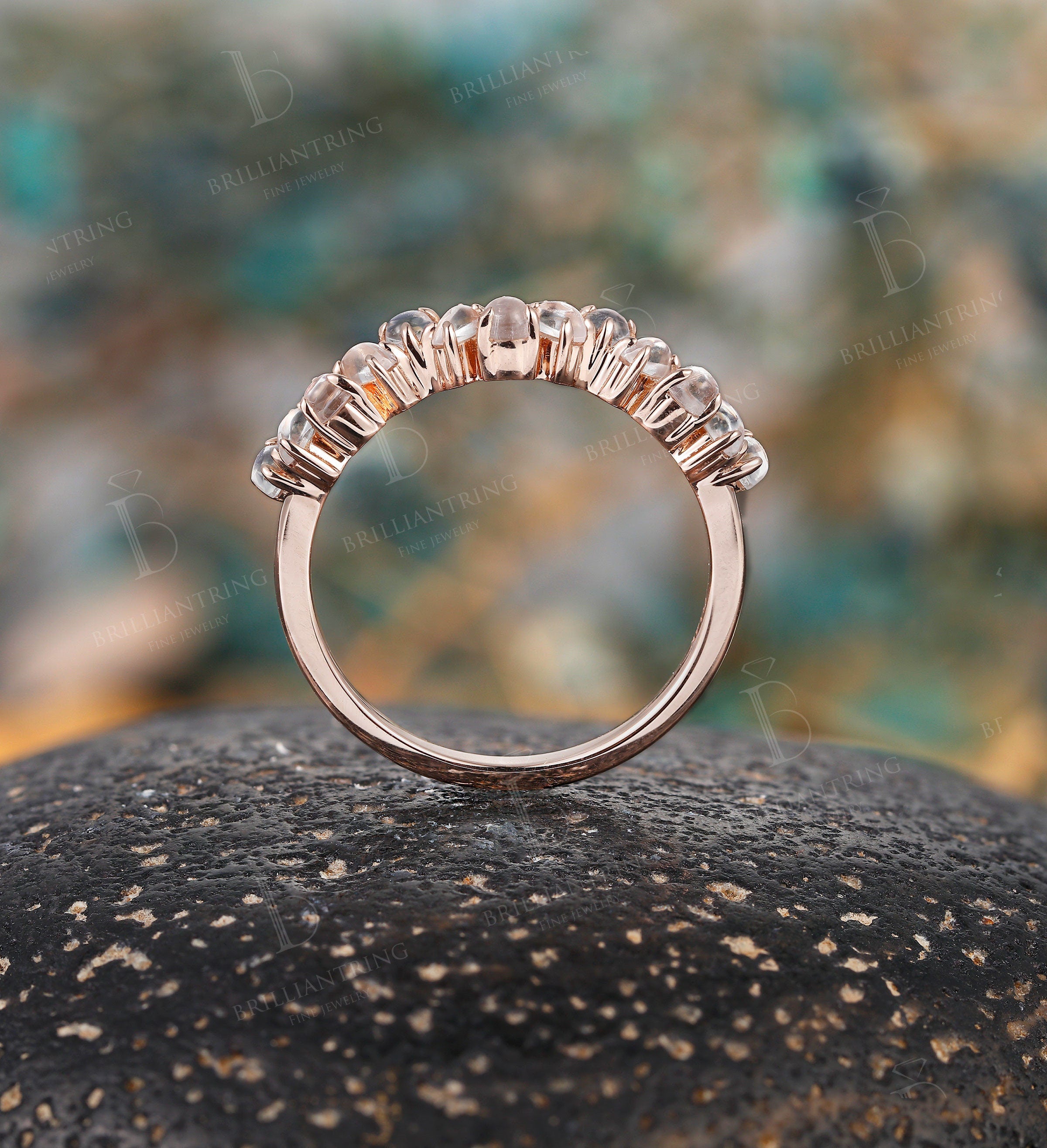 Marquise cut & round Moonstone wedding band vintage rose gold  Half eternity antique unique Promise Matching band anniversary gift