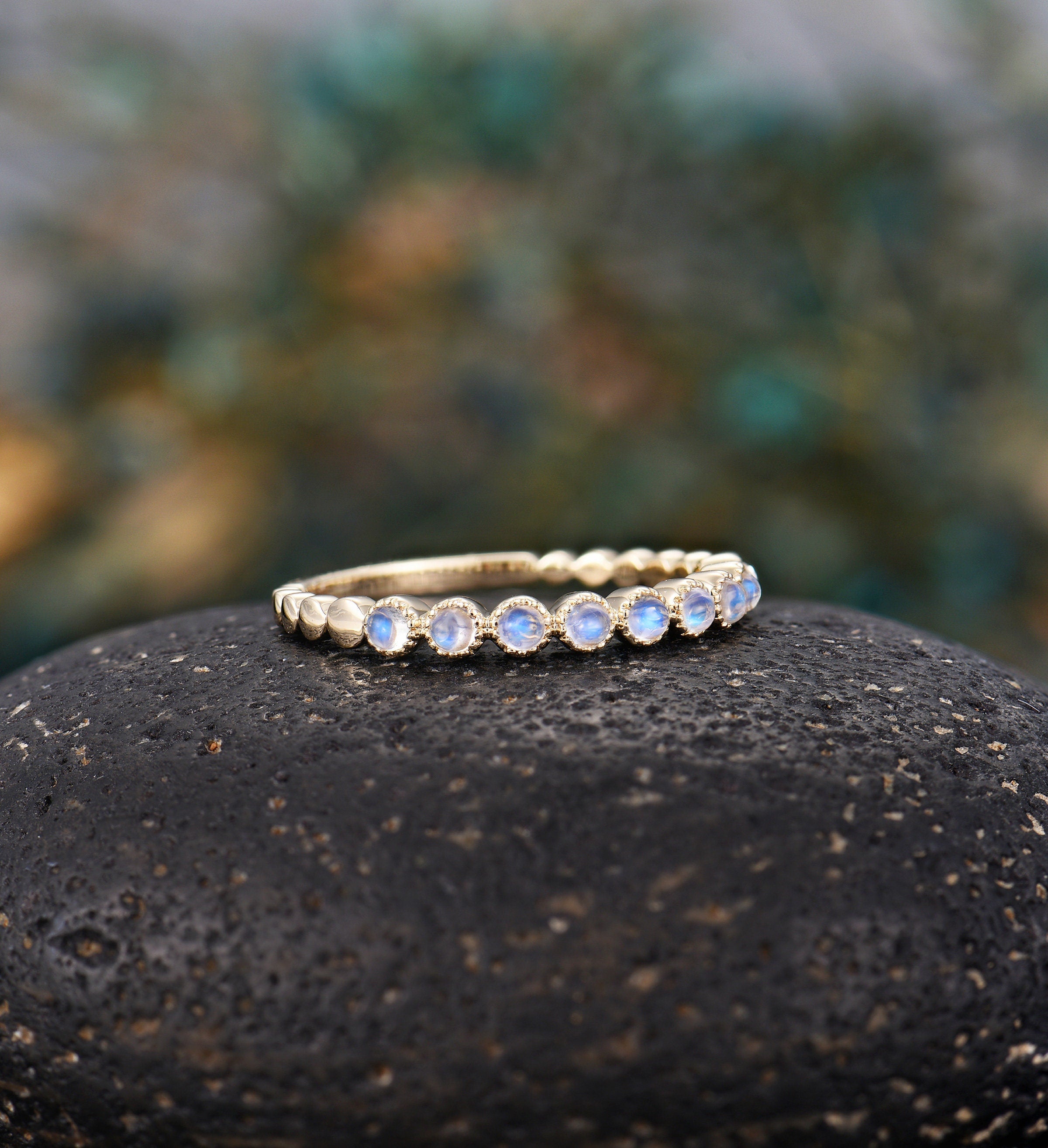 Moonstone straight wedding band Unique yellow gold half eternity Antique Stacking ring Vintage ring Bridal engagement band Anniversary band