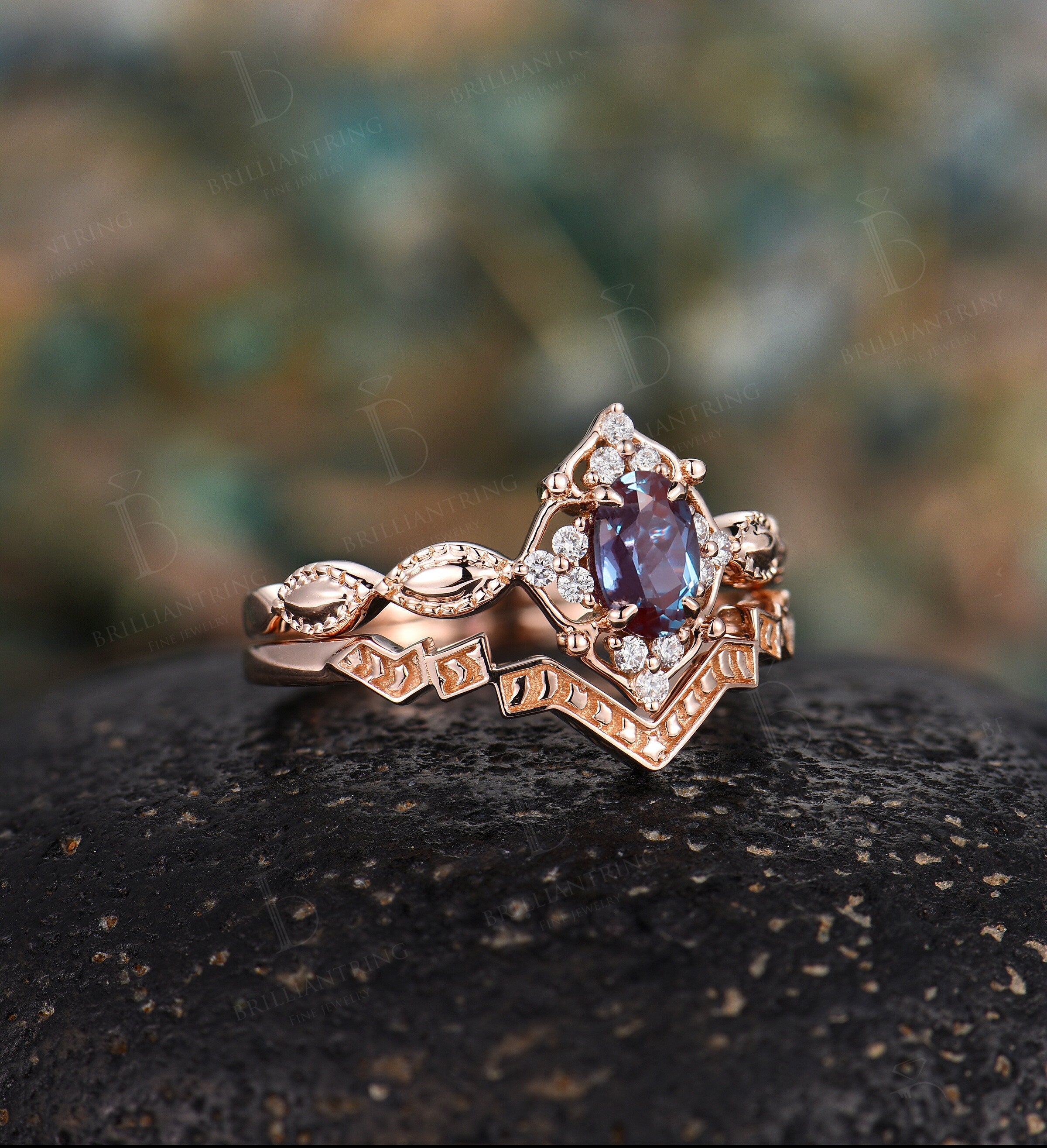 Alexandrite engagement ring set vintage rose gold oval cut Antique Delicate diamond milgrain ring Anniversary wedding ring