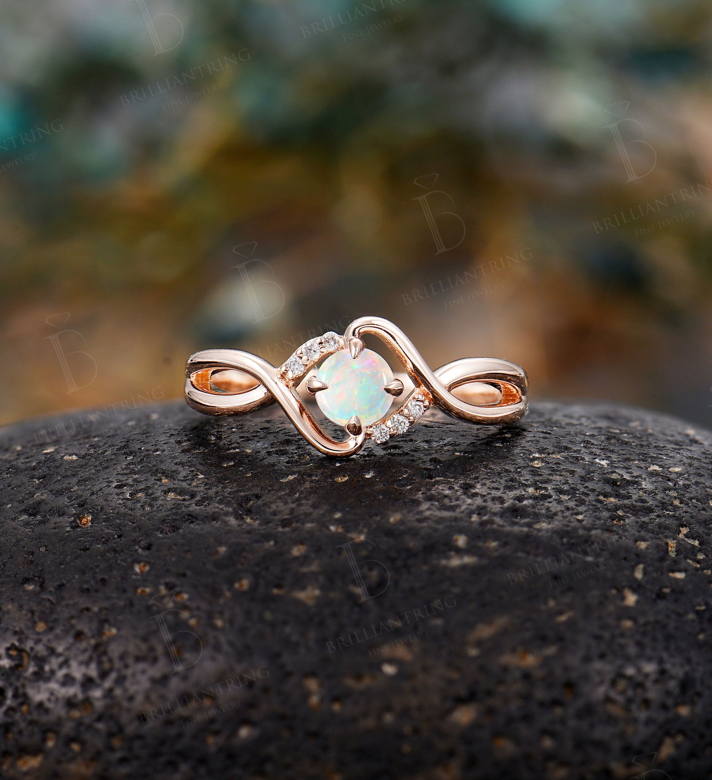 Australian Opal engagement ring Vintage diamond ring twist ring rose gold Unique wedding ring Art deco ring antique ring Anniversary ring